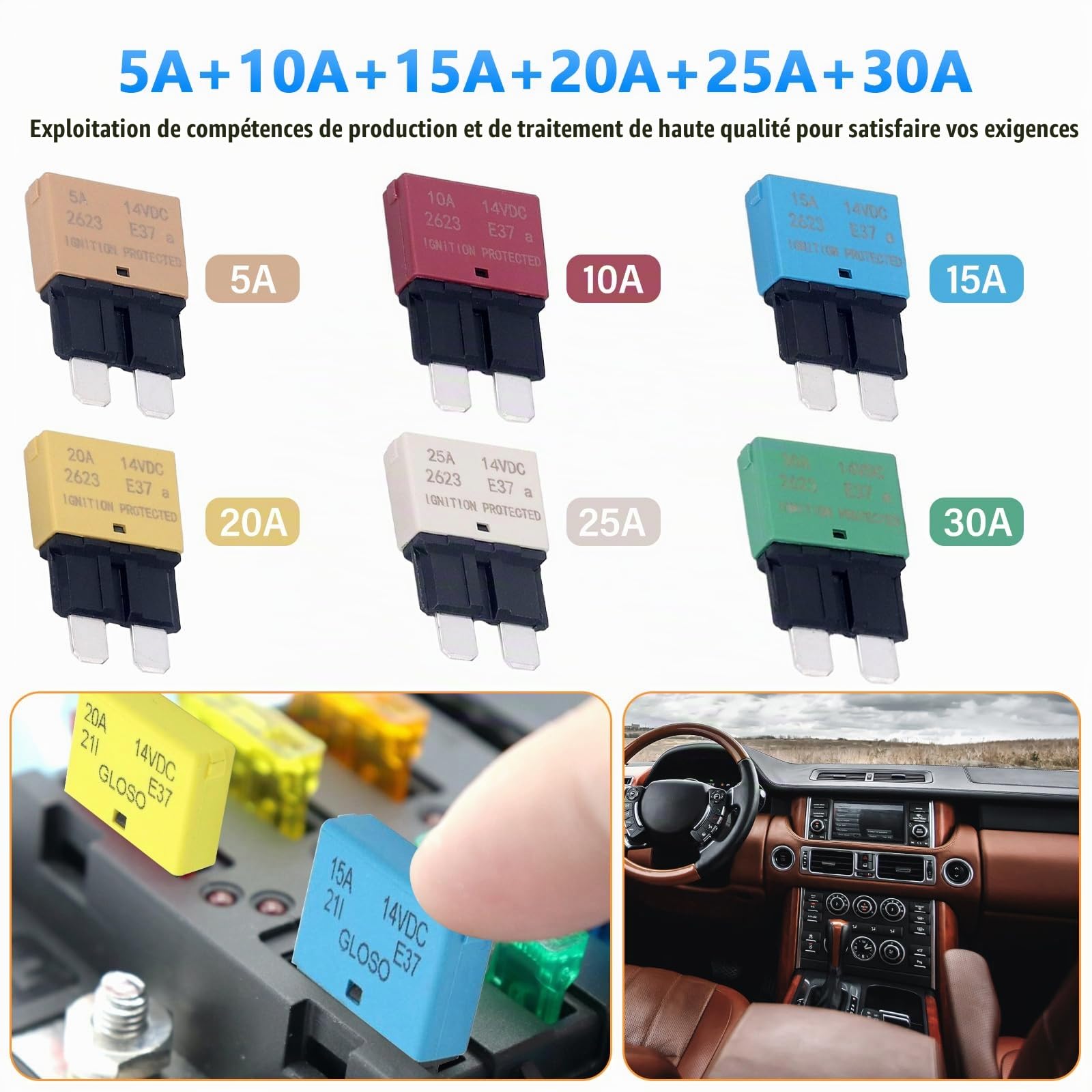 Lot de 6 fusibles de réinitialisation automatique DC 12 V 5 A 10 A 15 A 20 A 25 A 30 A E37 Disjoncteur faible profil pour voiture Fusibles plats avec réinitialisation automatique