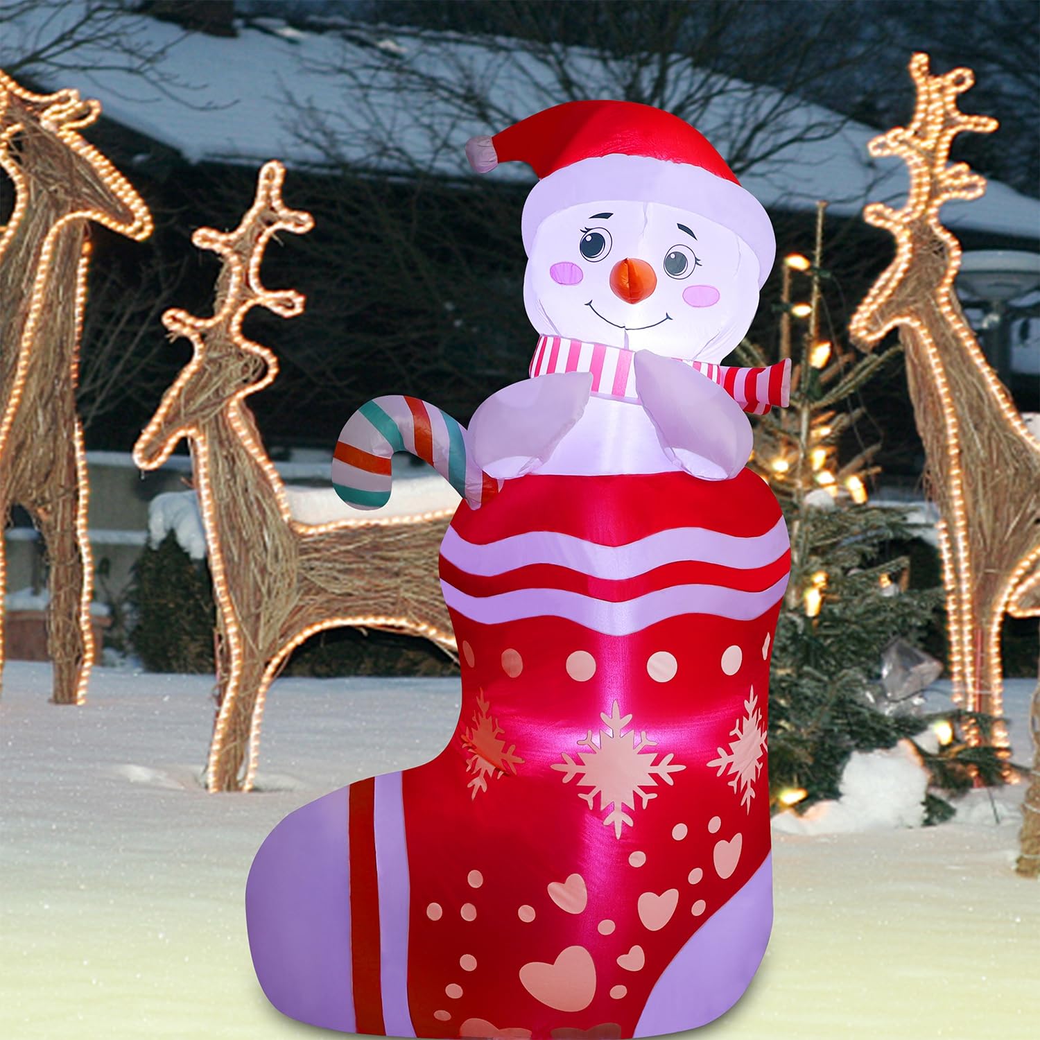 Juegoal Decorazioni natalizie gonfiabili per esterni, pupazzo di neve gonfiabile da 1,5 m, pupazzo di neve illuminato in piedi su calzini natalizi con luci integrate, per vacanze, prato, cortile