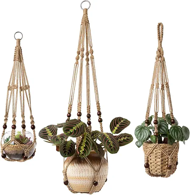 Mkouo Set of 3 Macrame Plant Hangers - Jute Rope Indoor/Outdoor Hanging Baskets