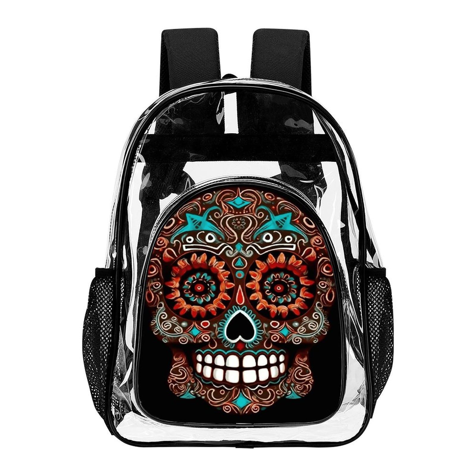 Sugar Skulls Day of the Dead Transparenter Rucksack, groß, transparent, PVC, Büchertasche für Sicherheit, Arbeit, Reisen, Stadion