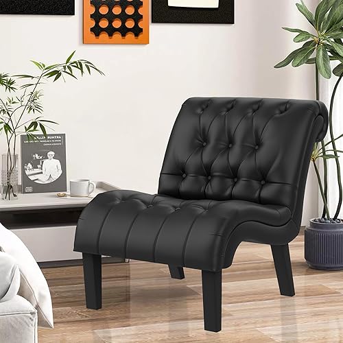 Miniatura 20 de Yongqiang Silla decorativa para dormitorio, sala de estar, moderna silla esquinera tapizada con botones y sin brazos con patas de madera Poliuretano