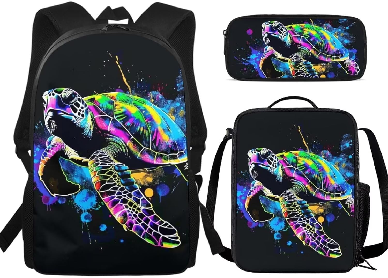 Neon Sea Turtle Print 3Pcs Backpack Sets with Lunch Box and Pencil Bag Primary Schoolbag Travel Daypack Shoulder Bag Girls Rucksack knapsack