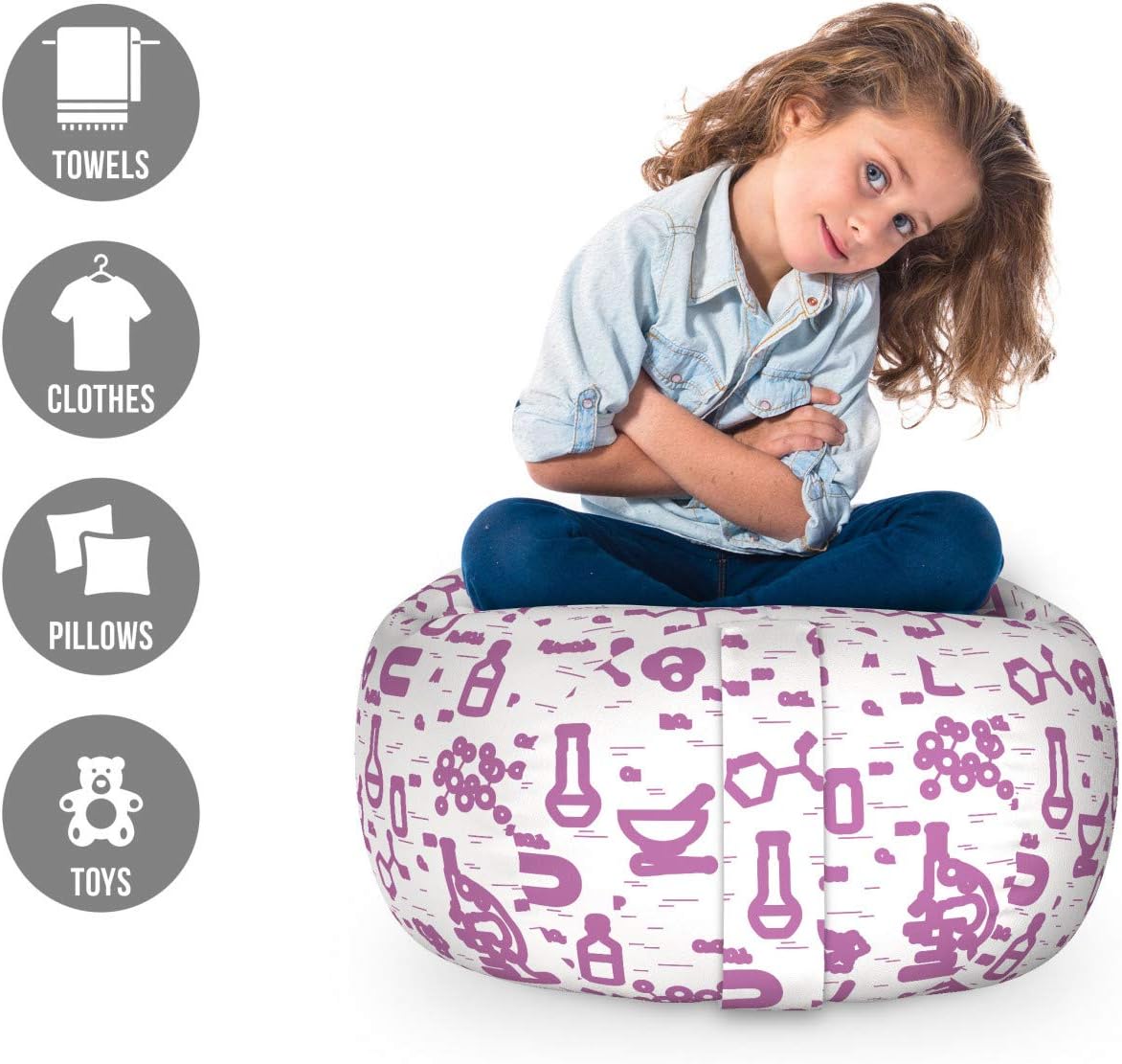 Ambesonne Lab Storage Toy Bag Chair, Scientific Research Elements Microscope Tubes and Signs and, Stuffed Animal Organizer Washable Bag, Small Size, Fuchsia and White