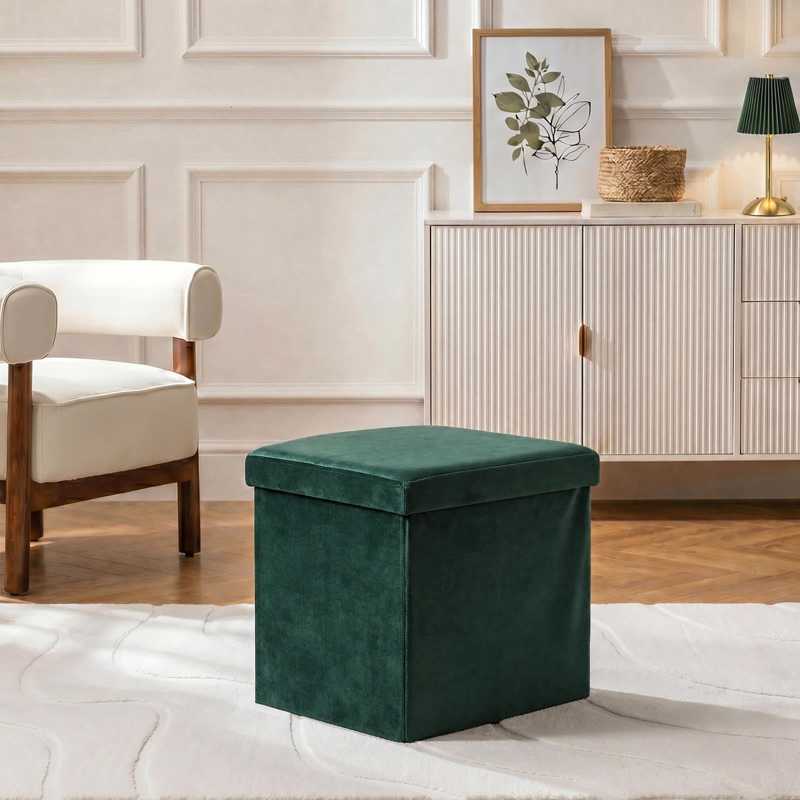 OHS Cube Ottoman Storage Box Matte Velvet Folding with Lid, Woodland Green