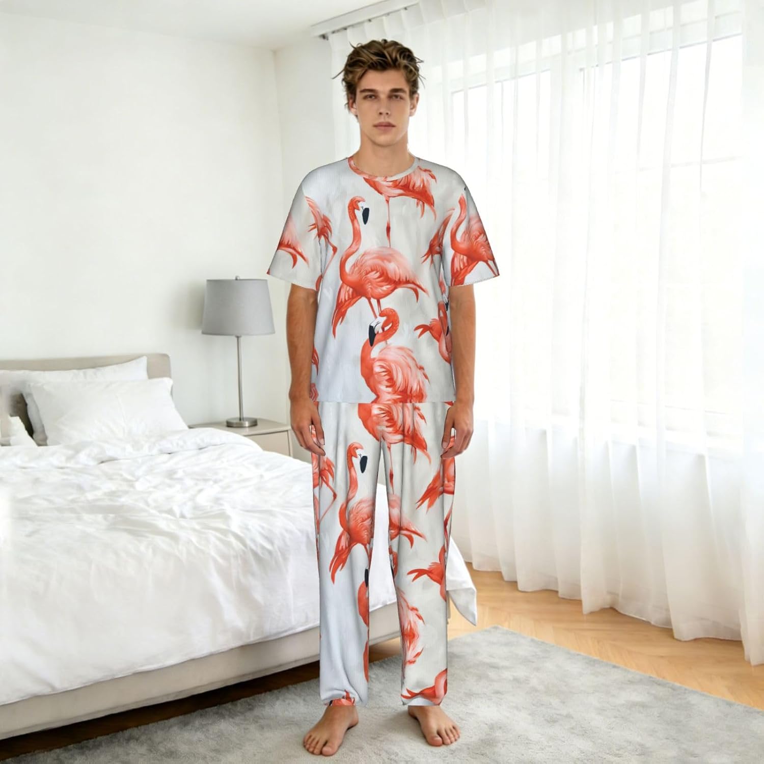 Men'S 2 Piece Loungewear Pajama Set Flamingos On White Print Short Sleeve Tee Top And Pants Set S-3xl