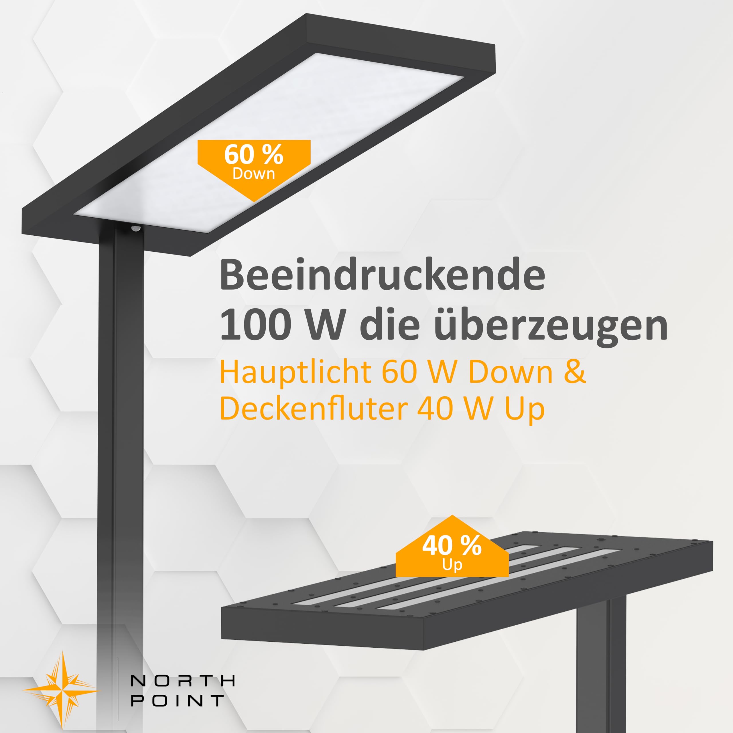 Northpoint LED Stehlampe 100W Büro-Standleuchte mit Bewegungsmelder & Touchsteuerung – 5800 Lumen, 4000K Tageslichtweiß, dimmbar, Favoritenmodus, Timer Büro- & Wohnzimmerlampe (schwarz)