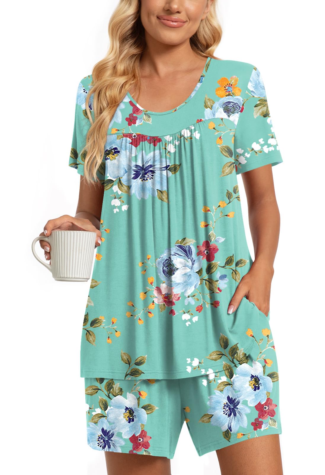 TAOHUADAO 2 Piece Women's Short Sleeve Pajama Sets, Lounge Sleepwear Ladies Pjs Sets with Pockets X-Large 02 Mint Green