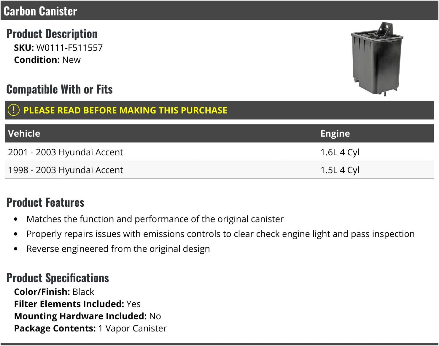 Marketplace Auto Parts Carbon Canister - Compatible with 1998-2003 Hyundai Accent 1.5L 1.6L 4-Cylinder