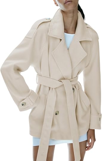 Yeokou Womens Wool Blend Pea Coat Notch Lapel Double Breasted Winter Loose Short Button Belt Outerwear Jacket