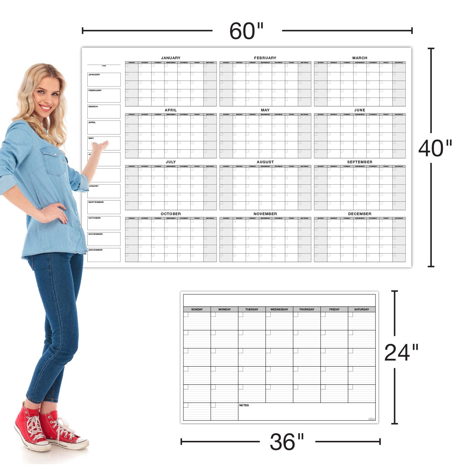 Riesiger trocken abwischbarer laminierter Kalender für die Wand, jährlich, monatlich, groß, löschbar, undatiert, Aufgaben-Organizer, Planer für Büro, Klassenzimmer, Zuhause, 40 x 60 cm und 24 x 36 cm,