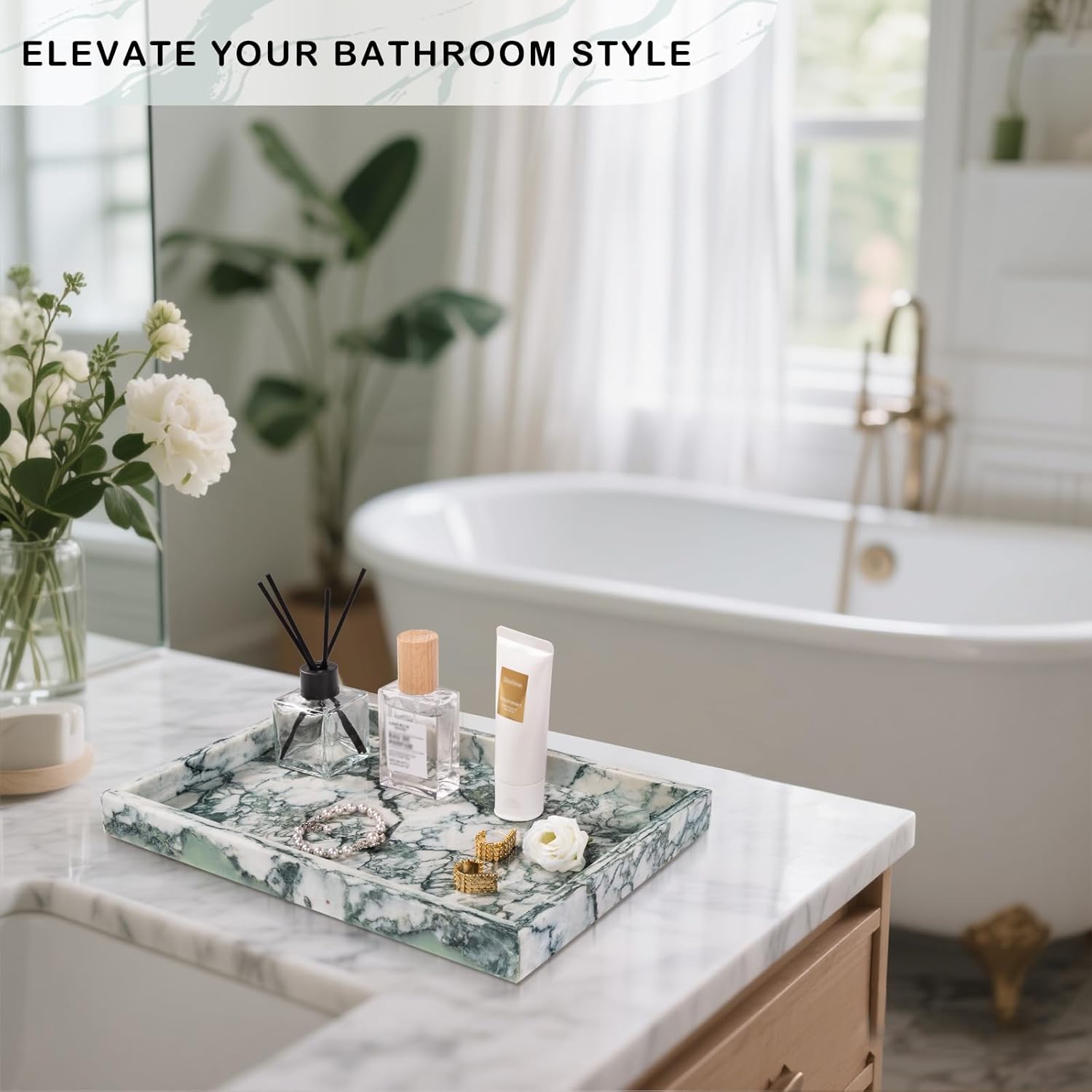 Marble Bathroom Tray for Countertop & Home Decor, Natural Decorative Marble Tray for Jewelry & Perfume Organizer, Luxury Stone Vanity Trays for Dresser, Kitchen Counter, 12" x 8", Jade Green - Image 4