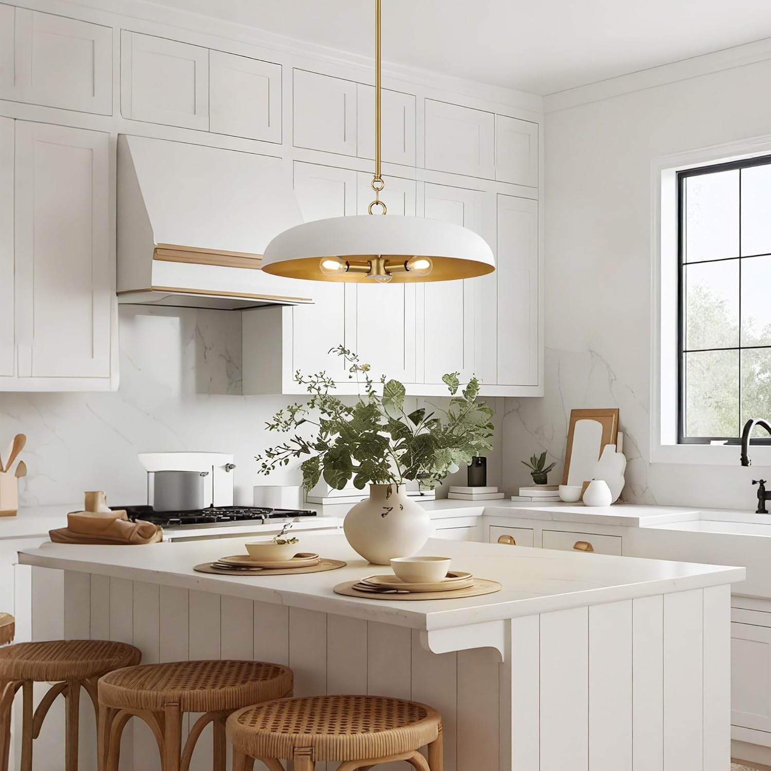 19.7 Inch Extra Large Pendant Light, 3-Light White and Gold All Metal Pendant Lighting Fixture, Oversized Modern Dome Chandelier Ceiling Hanging for Kitchen Island Dining Room Living Entryway