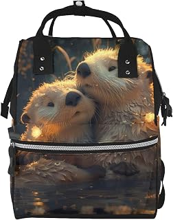 Adorable Otter Pair Hug Print Baby Diaper Bag Backpack for Mom Waterproof Nappy Bags Multifunction Large Capacity Travel Backpack for Work Holiday Travel
