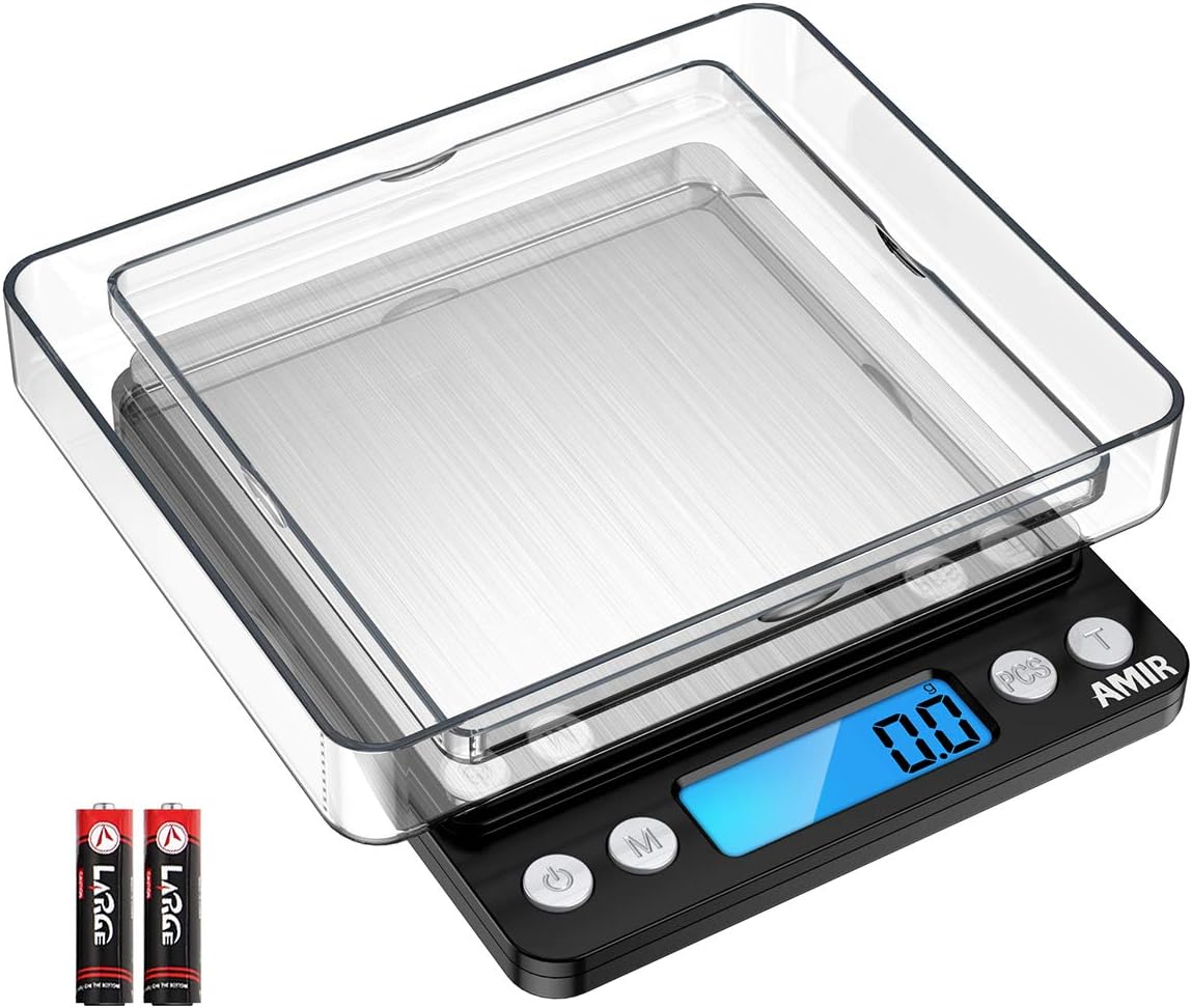 AMIR Digital Kitchen Scale, 3000g 0.01oz/0.1g Pocket Cooking Scale, Mini Food Scale, Pro Electronic Jewelry Scale with Back-Lit LCD Display, Tare & PCS Functions, Stainless Steel,Black