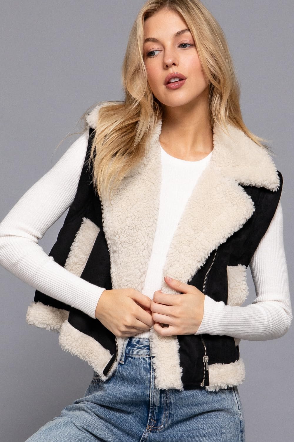 NE PEOPLE Faux Leather Vest - Sleeveless Shearling Lining Zipper Jacket