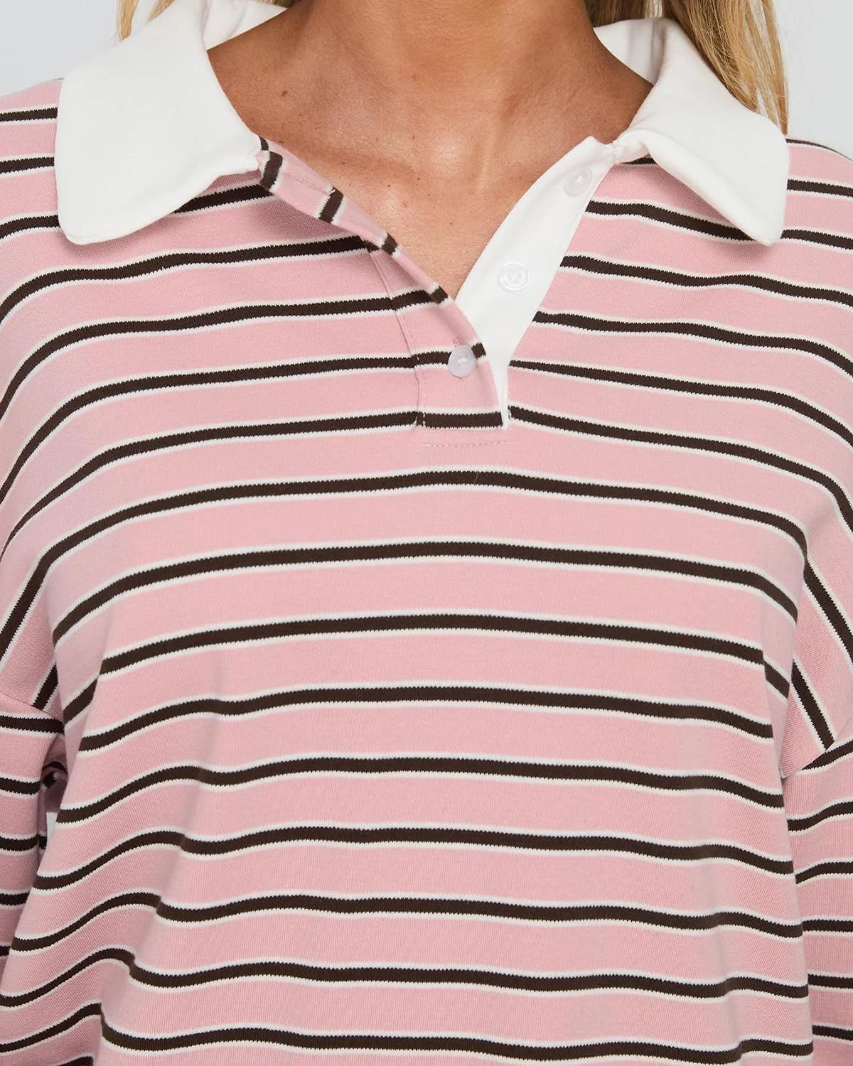 Cioatin Women Oversized Y2K Striped Rugby Polo Shirt Tops Long Sleeve Button Collar Sweatshirt Preppy Pullover Fall Outfits - Image 6