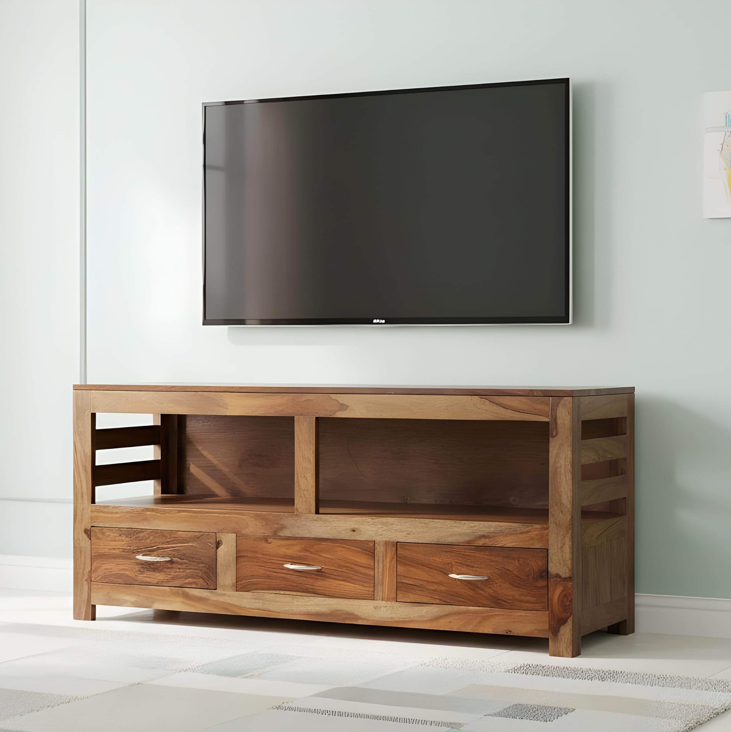Levon Artisan Solid Sheesham Wood TV Unit with 3 Drawers & Open Display Shelves Modern Entertainment Console Natural Honey Finish-image-8