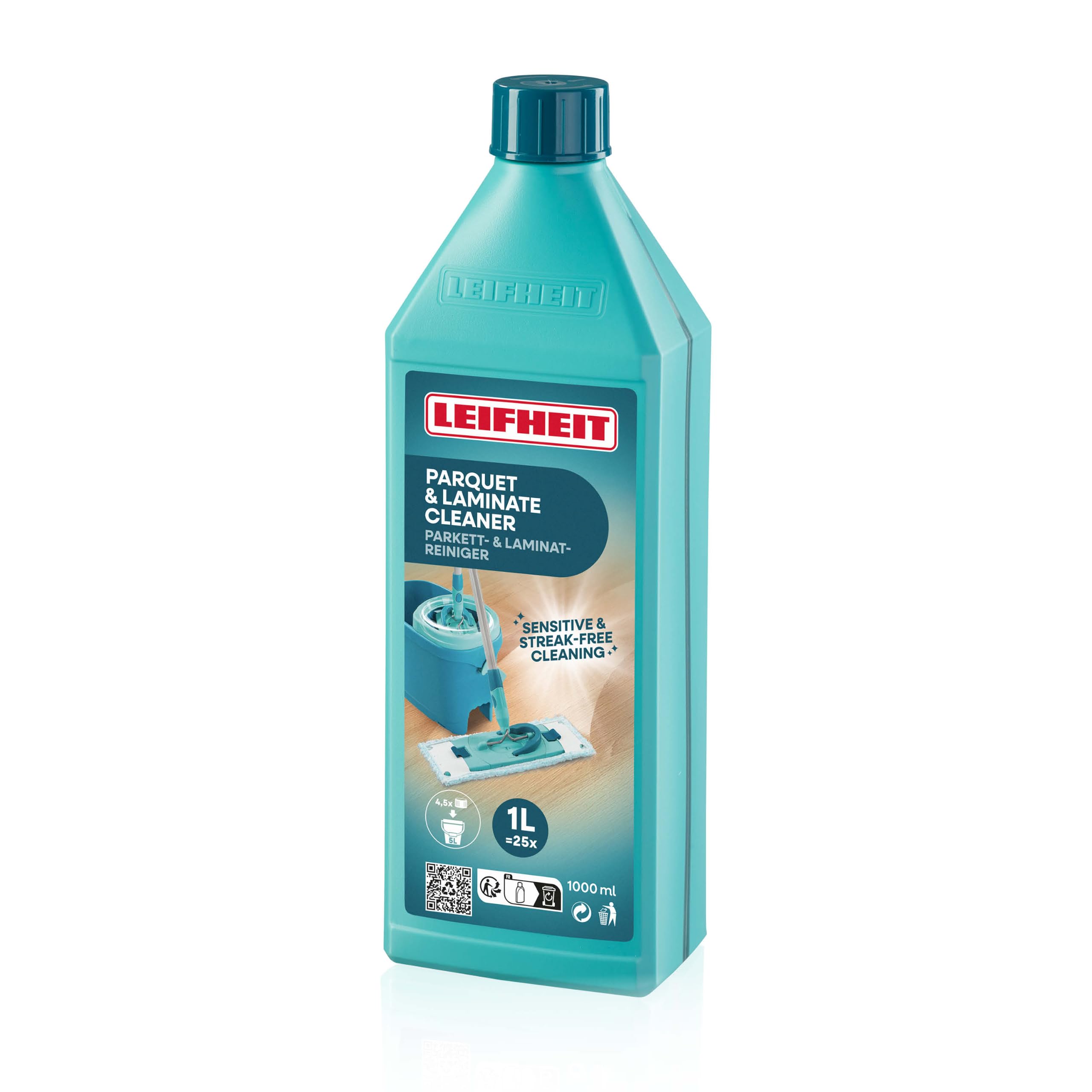 Leifheit Środek do czyszczenia parkietu/laminatu 1000 ml koncentratu, pielęgnacja parkietu bez smug i pozostałości wody, delikatny środek do czyszczenia parkietów z ochroną fug Koncentrat czyszczący do parkietu/paneli