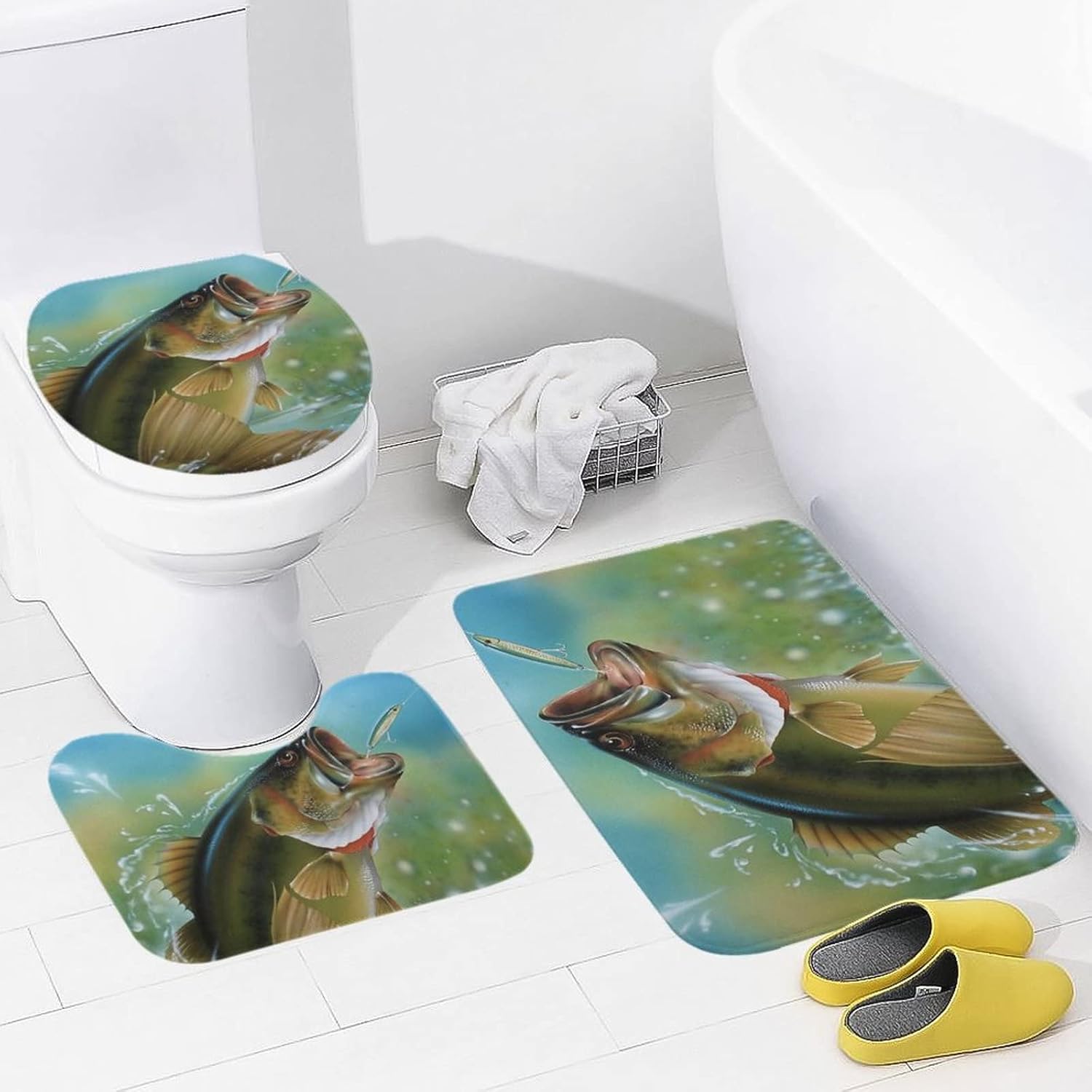 Bass Fishing Bathroom Rugs Set 3 Pieces Non-Slip Bath Mats Washable Shower Mats Floor Mat Sets 19.7"x31.5"