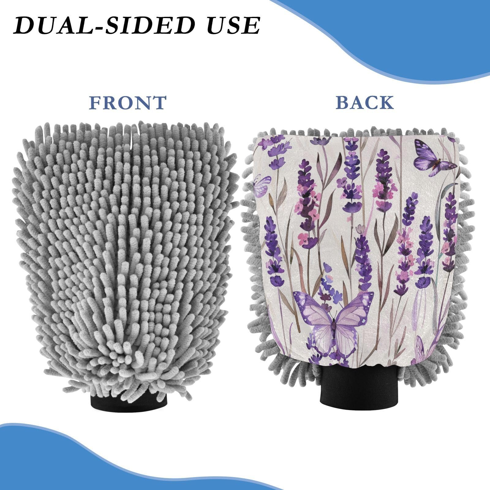 ALAZA Lavender Flower Butterfly Car Wash Mitt Scratch Free, 2 Pack Absorbent Microfiber/Chenille Washing & Drying Mitts, M
