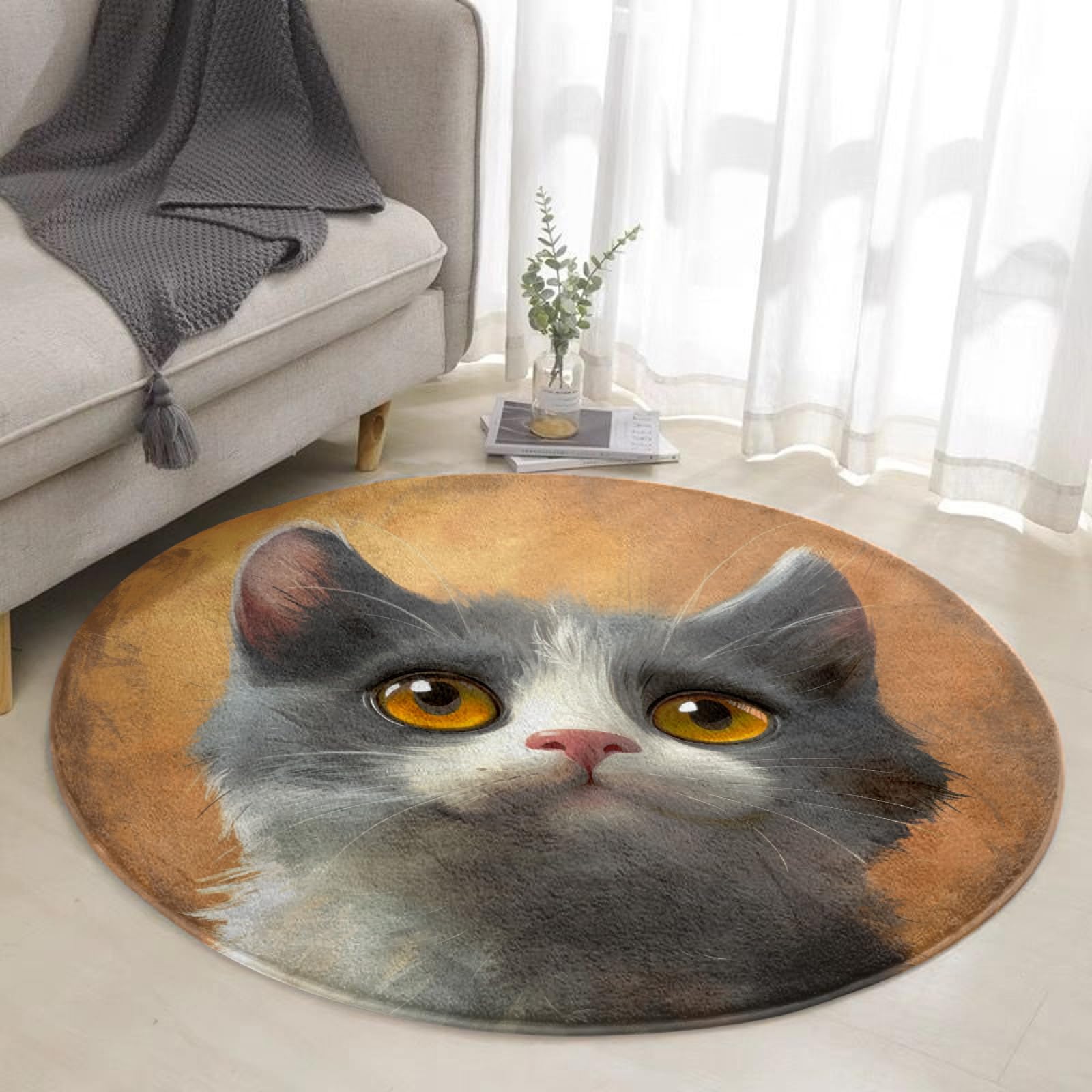 Tapis rond chat gris orange de 100 cm pour salon et terrasse