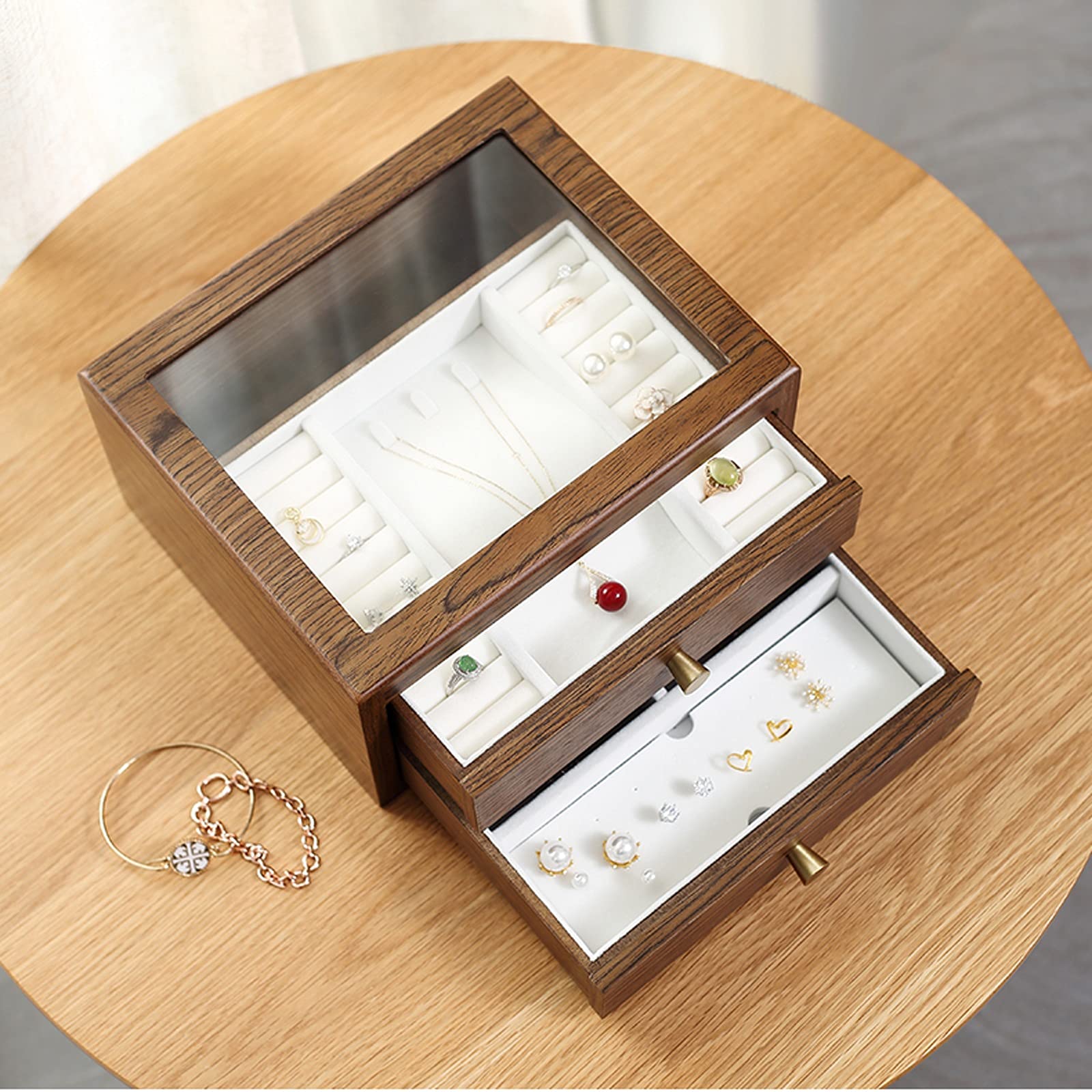 Caja de Almacenamiento de joyería de Nuez Negra Caja de joyería de Escritorio de 2 cajones con Mango de latón Caja de Almacenamiento de cajón de Escritorio con Vidrio Ventana Visible