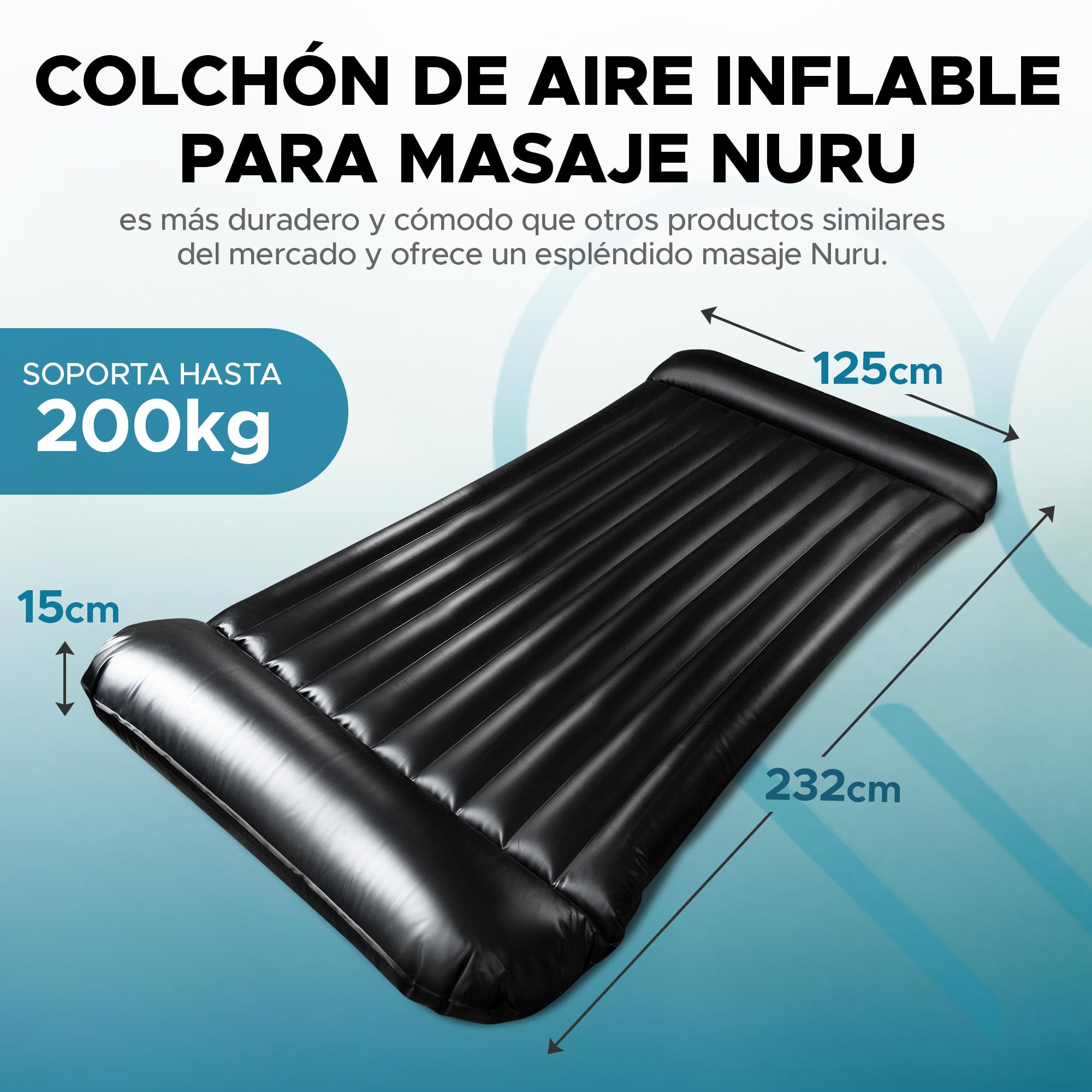 EROTICGEL Colchón de Aire Inflable para Masaje Nuru | PVC Negro Duradero e Impermeable | 232cm x 125cm x 15cm | Protección contra Aceite, Productos a Base de Agua y de Silicona