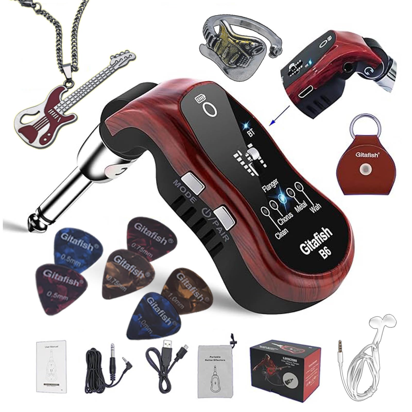 Bass-Kopfhörer-Verstärker, tragbarer Bluetooth-Kopfhörer, Gitarren-Kopfhörer, Bluetooth-Kopfhörer-Verstärker, Gitarren-Halskette, tragbarer Bassverstärker, mehrere Effekt-Verstärker: Chorus