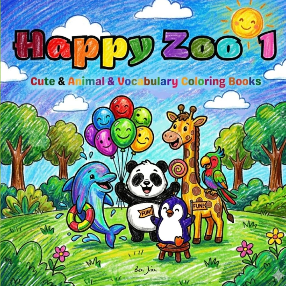 Happy Zoo 1 - Cute & Animal & Vocabulary Coloring Books