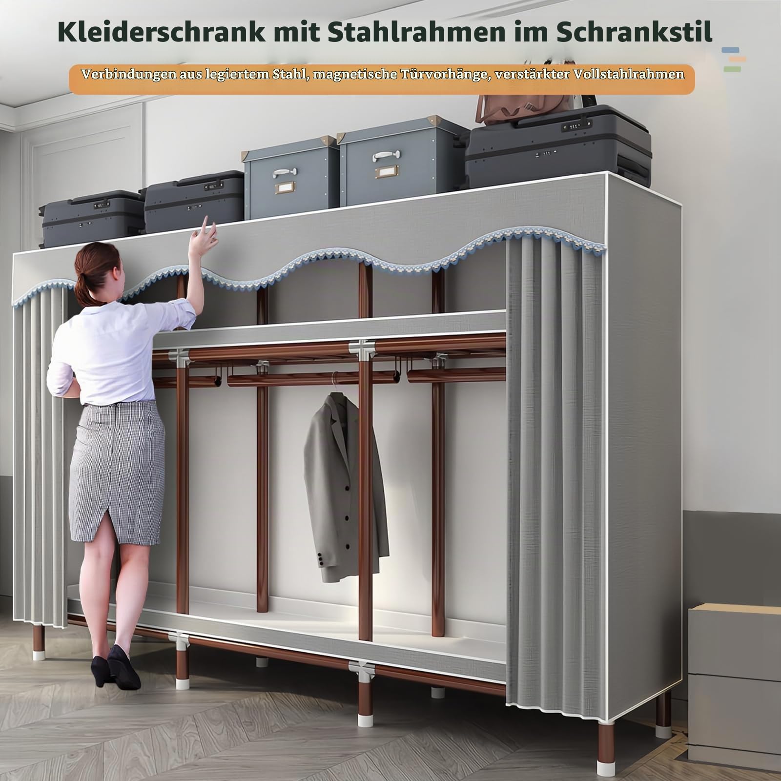 Kleiderschrank, Stoffschrank für Schlafzimmer, Faltschrank, Stoffkleiderschrank mit Staubabdeckung, Kleiderschrank aus Stoff mit Kleiderstangen und Ablagen, für Kleideraufbewahrung, Grau