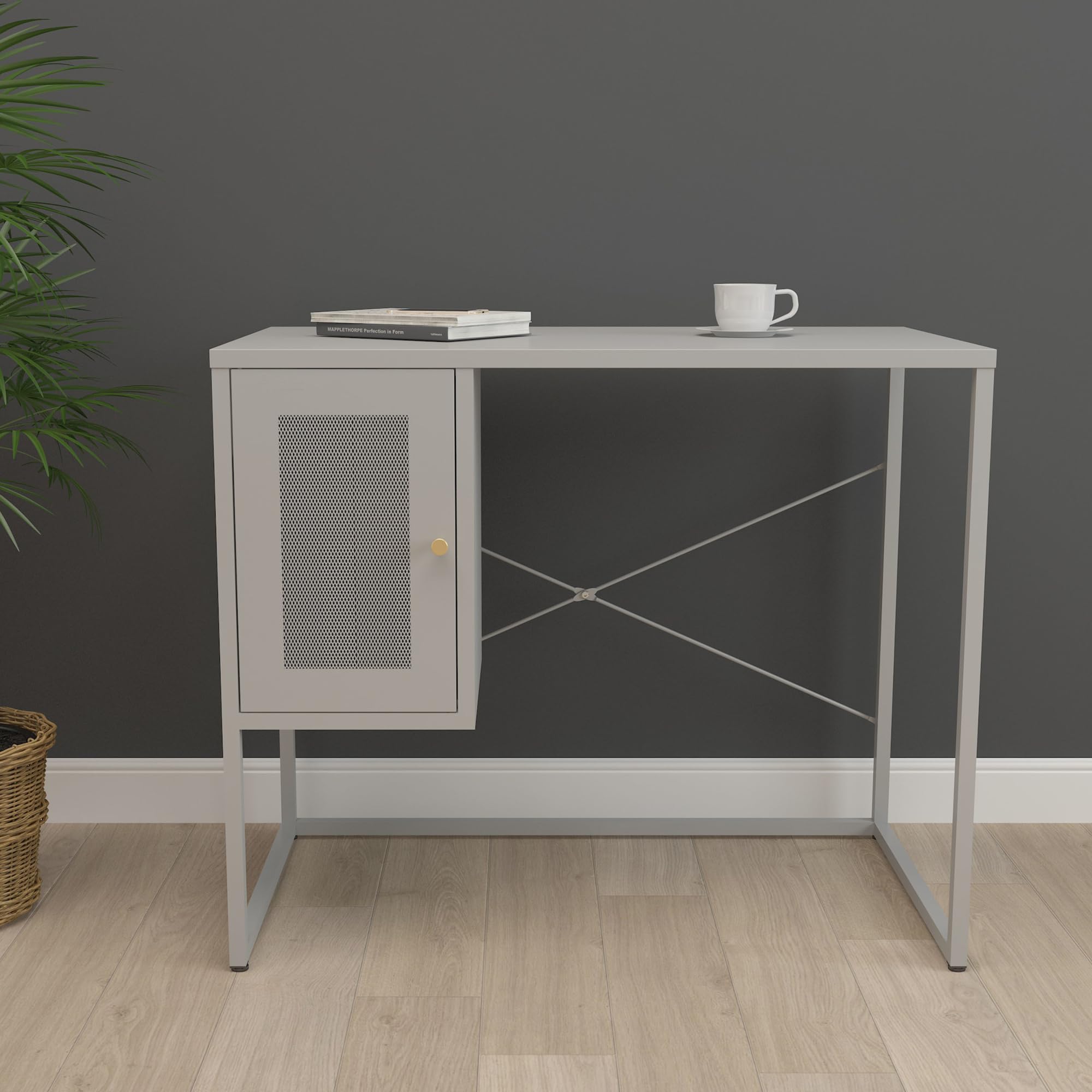 [en.casa] Scrivania in Acciaio con Scomparto Sospeso Chiuso con Anta Traforata Tavolo da Ufficio Studio Officina Postazione di Lavoro 75 x 100 x 50 cm Grigio