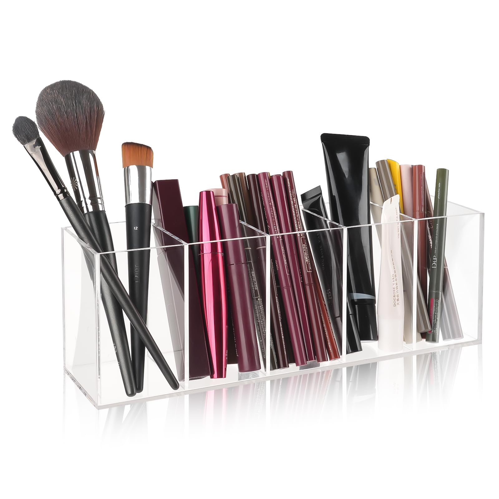 WINKIO Pinselhalter mit 5 Fächern, Acryl Pinselhalter, Klarer schmink organizer, großer Kapazität, unterteilter Aufbewahrung, Multifunktionaler Kosmetik Organizer für Pinsel, Eyeliners, Lippenstift