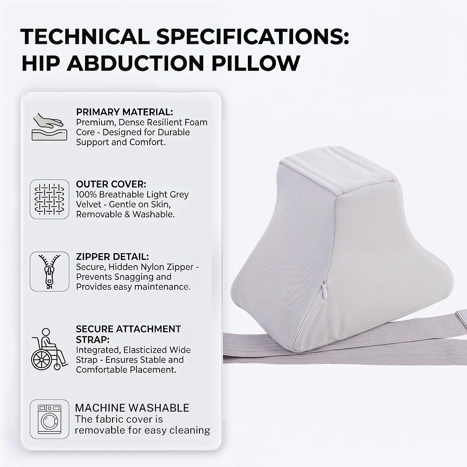 Hip Abduction Pillow with Strap, Hip Abductor Wedge Post-Surgery Knee Separator Cushion for Leg Alignment, Ergonomic Wedge Pillow for Wheelchair & Bed Recovery, Gray