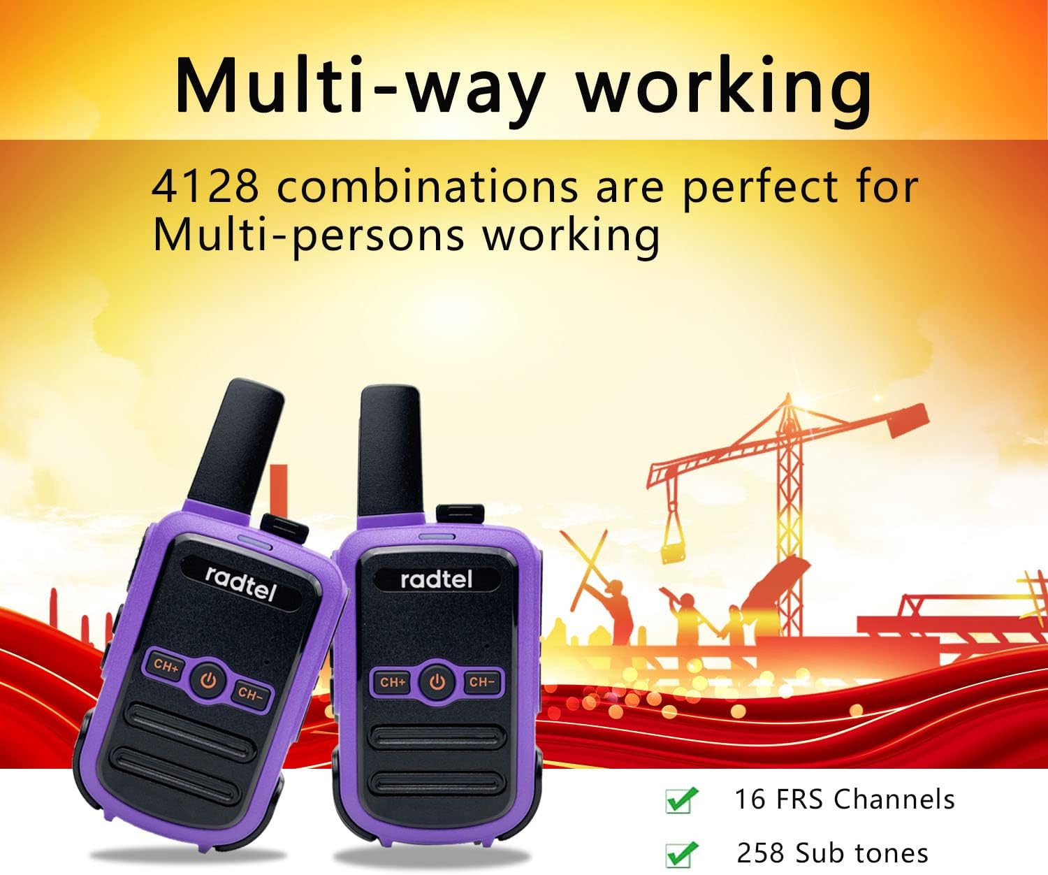 Radtel RT12 Rechargeable Walkie Talkies for Adults Long Range Handheld FRS Two Way Radio 16CH Handsfree VOX for Camping Hiking (Purple)