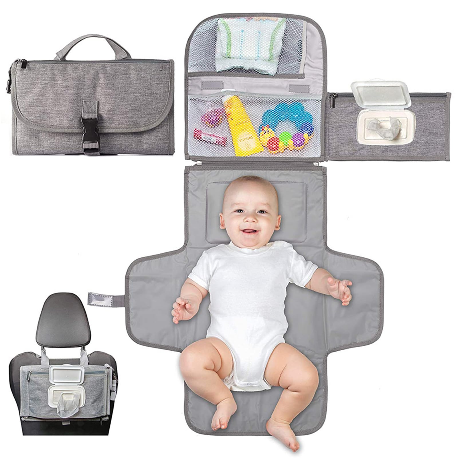 JSTHHTT Fasciatoio Portatile Pieghevole e Impermeabile, Fasciatoio Portatile, Dispenser Salviette e un Comodo Cuscino, Riutilizzabile Lavabile In Lavatrice, Viaggio e Regalo Battesimo (Grigio)