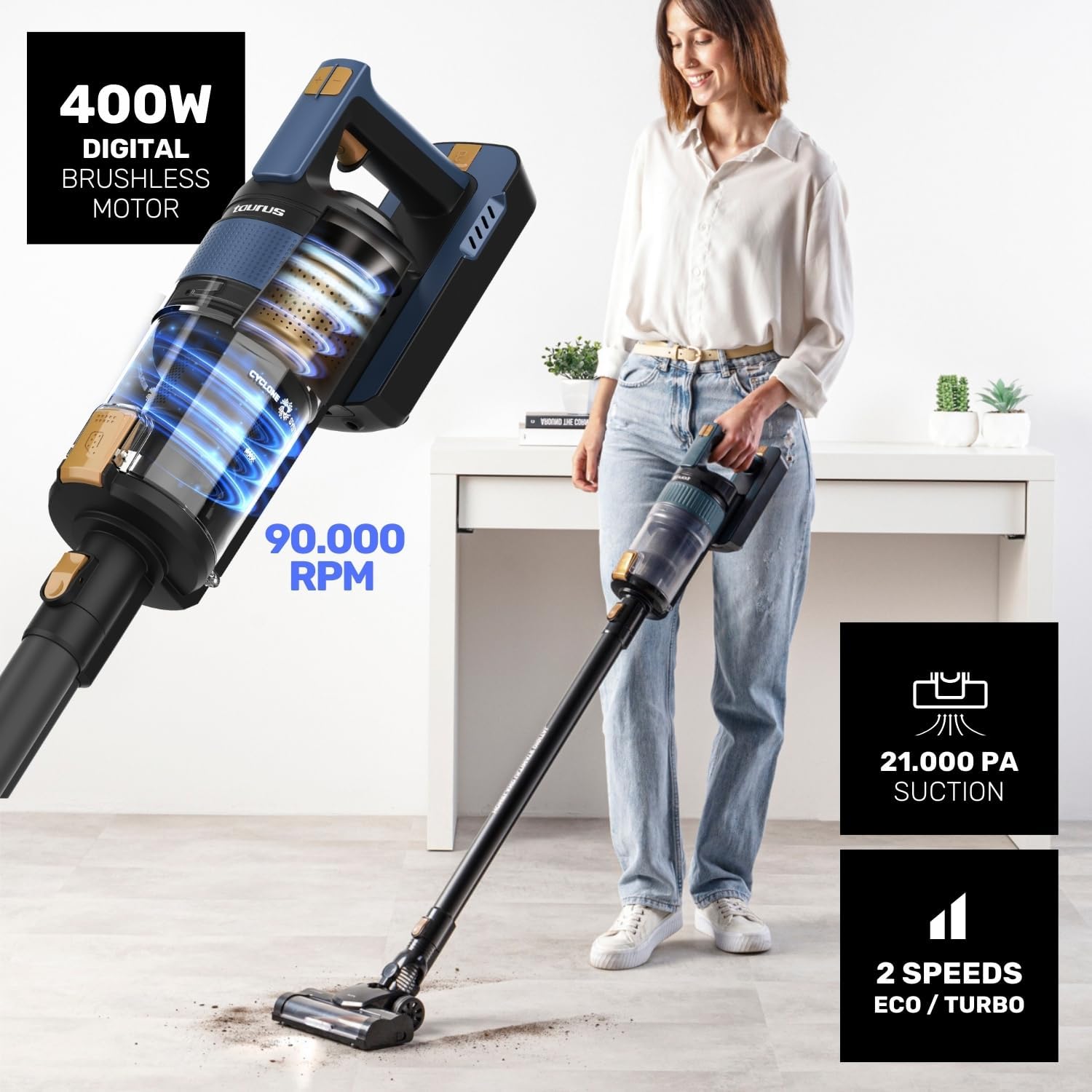 Woman using vacuum cleaner, highlighting 400W Digital Brushless Motor, 90,000 RPM, 21,000 Pa suction, and 2 speed modes.