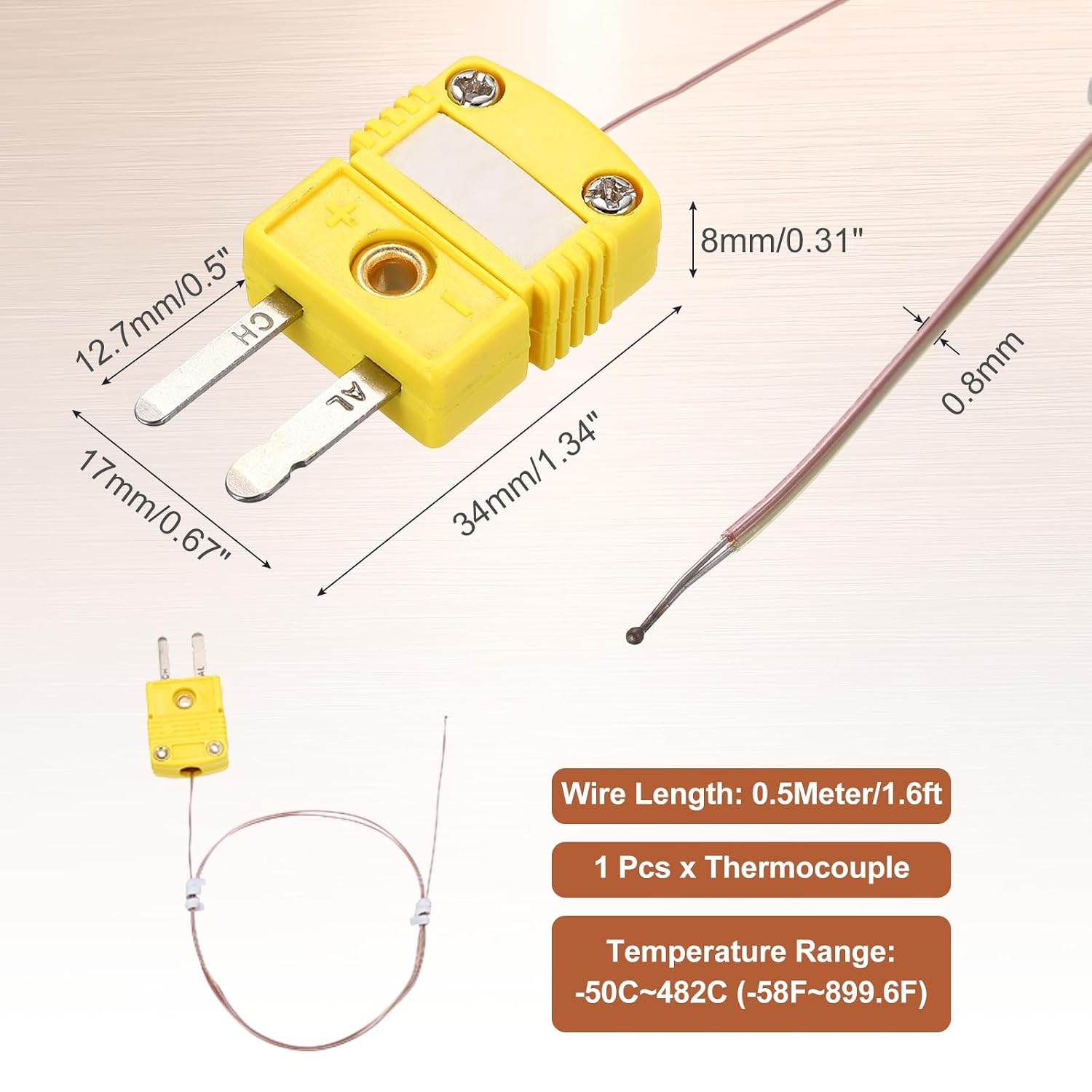 MECCANIXITY K Type Thermocouple Mini Connector Temperature Probe Sensor, 1.6ft Measure Range -50C-482C for Thermometer, 0.8mm OD Wire