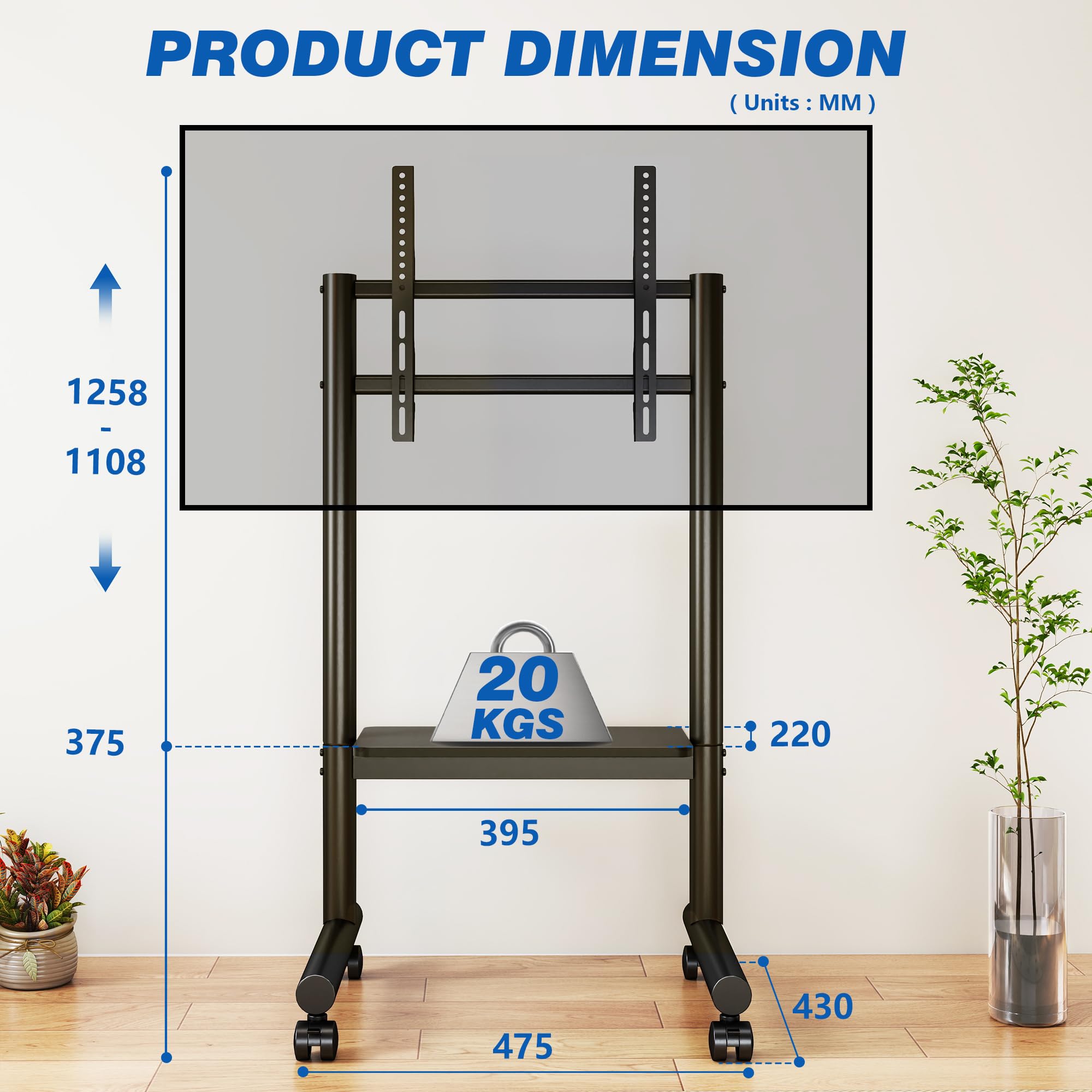 5Rcom TV Ständer Rollbar Fernsehständer für 32-70 Zoll Fernseher,Mobile TV-Ständer TV-Wagen mit Ablage bis 50 kg, Höhenverstellbarer Boden-TV-Ständer auf Rädern