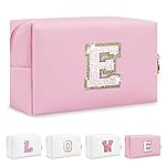 Small Personalized Initial A-Z Patch Makeup Bag,Pink Cute PU Leather Glitter Letter Cosmetic Bag for Teen Girls,Travel Toiletry Bag with Zipper,Preppy Monogrammed Birthday Gift for Daughter Niece E