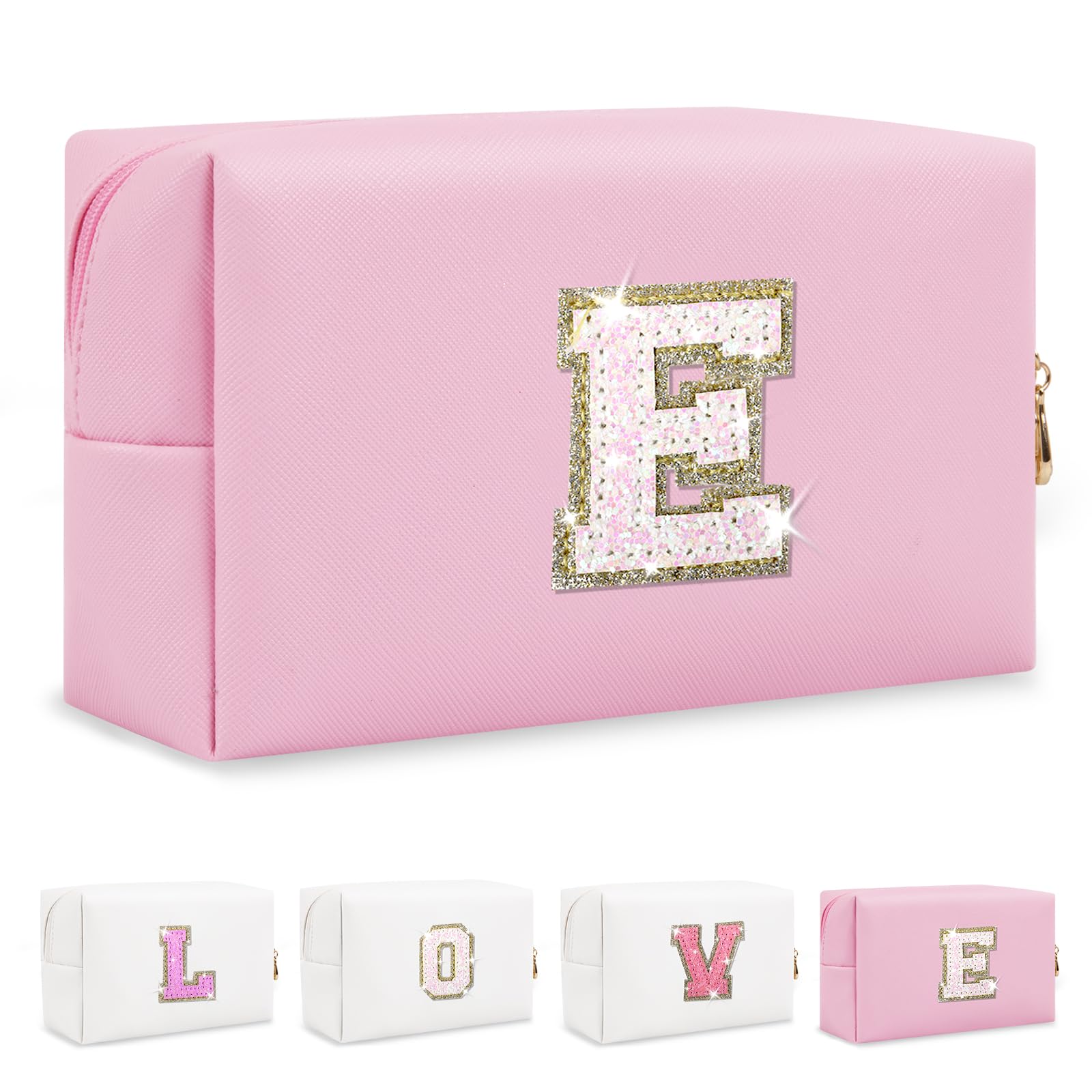 Small Personalized Initial A-Z Patch Makeup Bag,Pink Cute PU Leather Glitter Letter Cosmetic Bag for Teen Girls,Travel Toiletry Bag with Zipper,Preppy Monogrammed Birthday Gift for Daughter Niece E