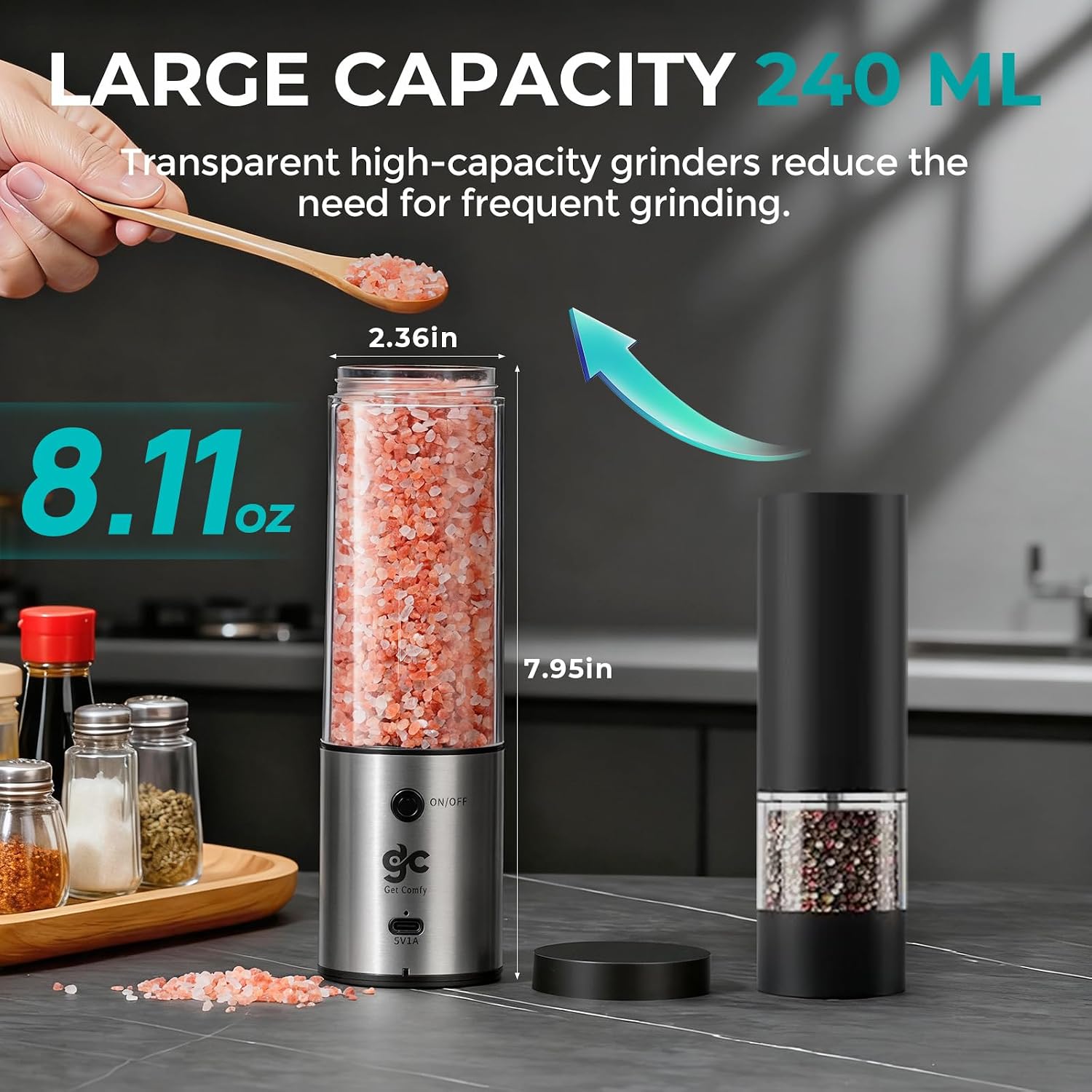 Electric Salt & Pepper Grinder Set One-Handed Automatic Pepper Mill with LED Light Adjustable Coarseness Large-Capacity Refillable Mill Durable Ceramic Core Battery Powered Seasoning Grinder for Home