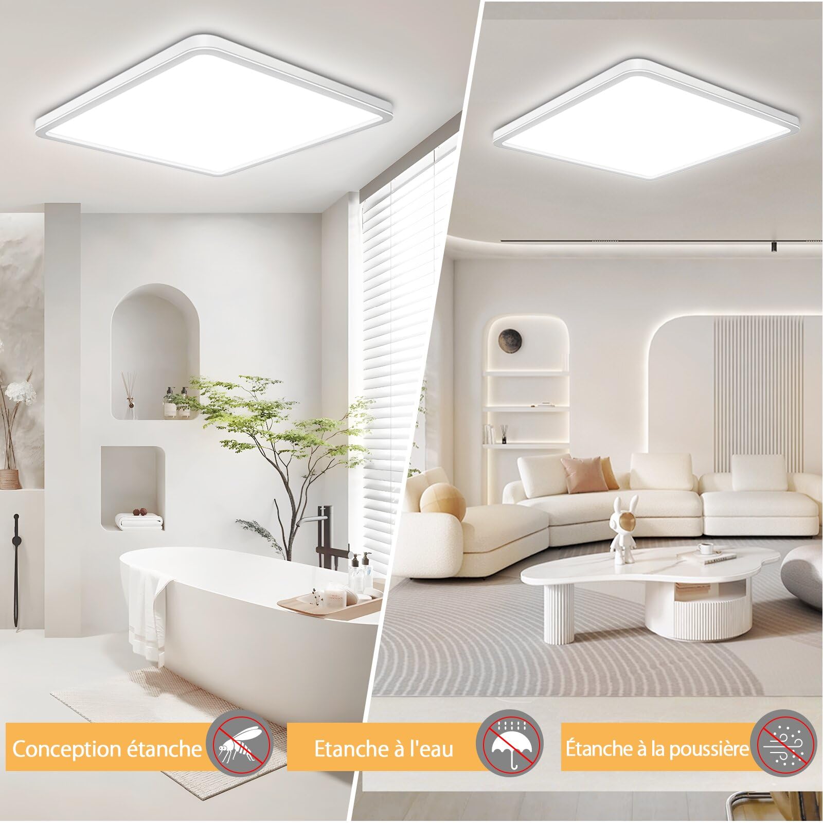 Plafonnier LED 18W, 6000K/4000K/3000K, 1800LM IP54 Ultra Plat, LED Plafond Carré Moderne pour Salle de Bain Cuisine Couloir Chambre Balcon Salon Diamètre Ø23 cm, Blanc Lot de 4