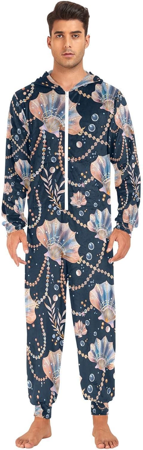 Seashell Pearl Black Adult Onesie Pajamas Novelty One Piece Costume Sleepwear Jumpsuits Matching PJS