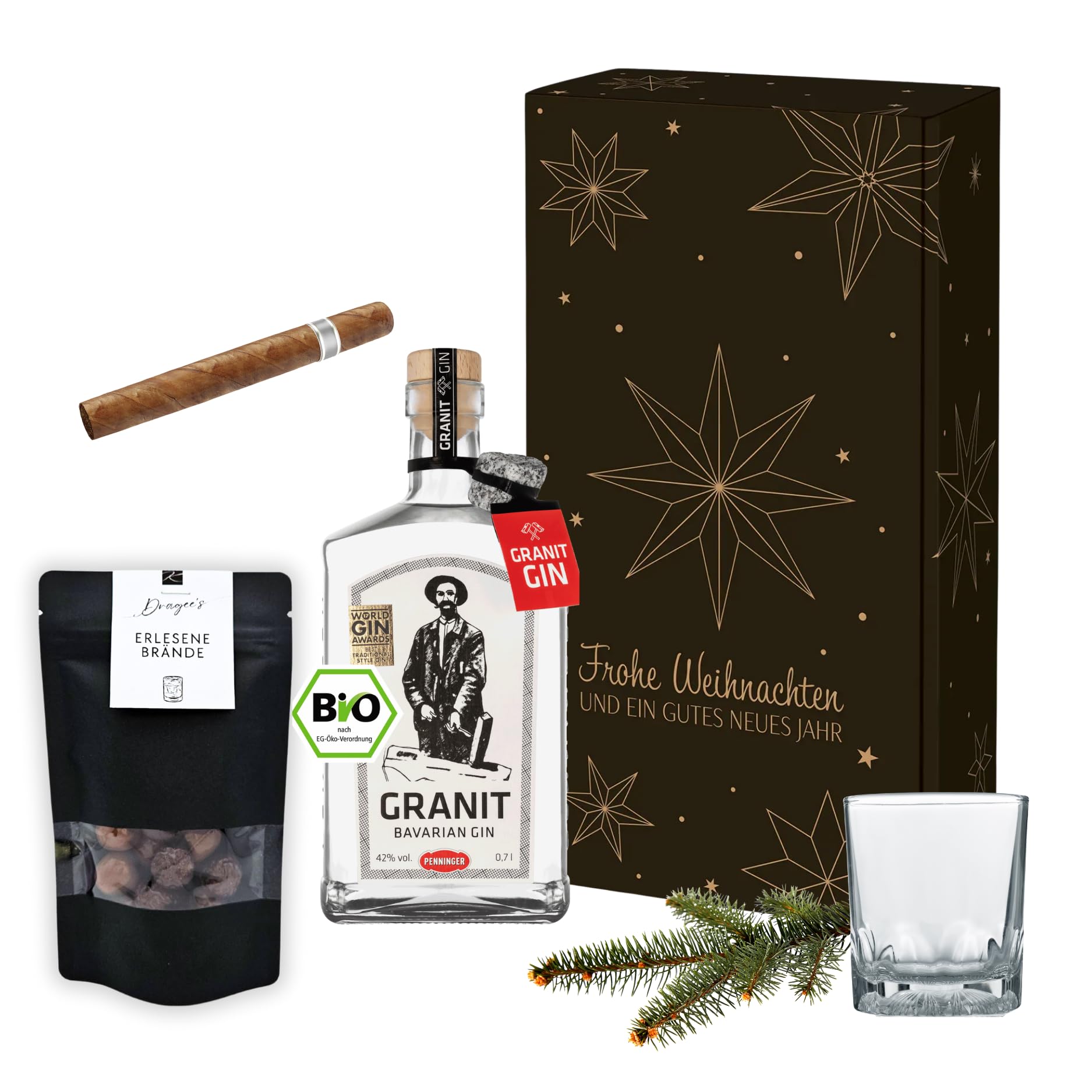 Geschenkset „Natura Weihnachtssterne“ – 2er Präsent mit Penninger Granit Gin, Zigarre, Brände-Schokolade & Ginglas – Genusswelten Kasberger Premium-Geschenk (Gin)