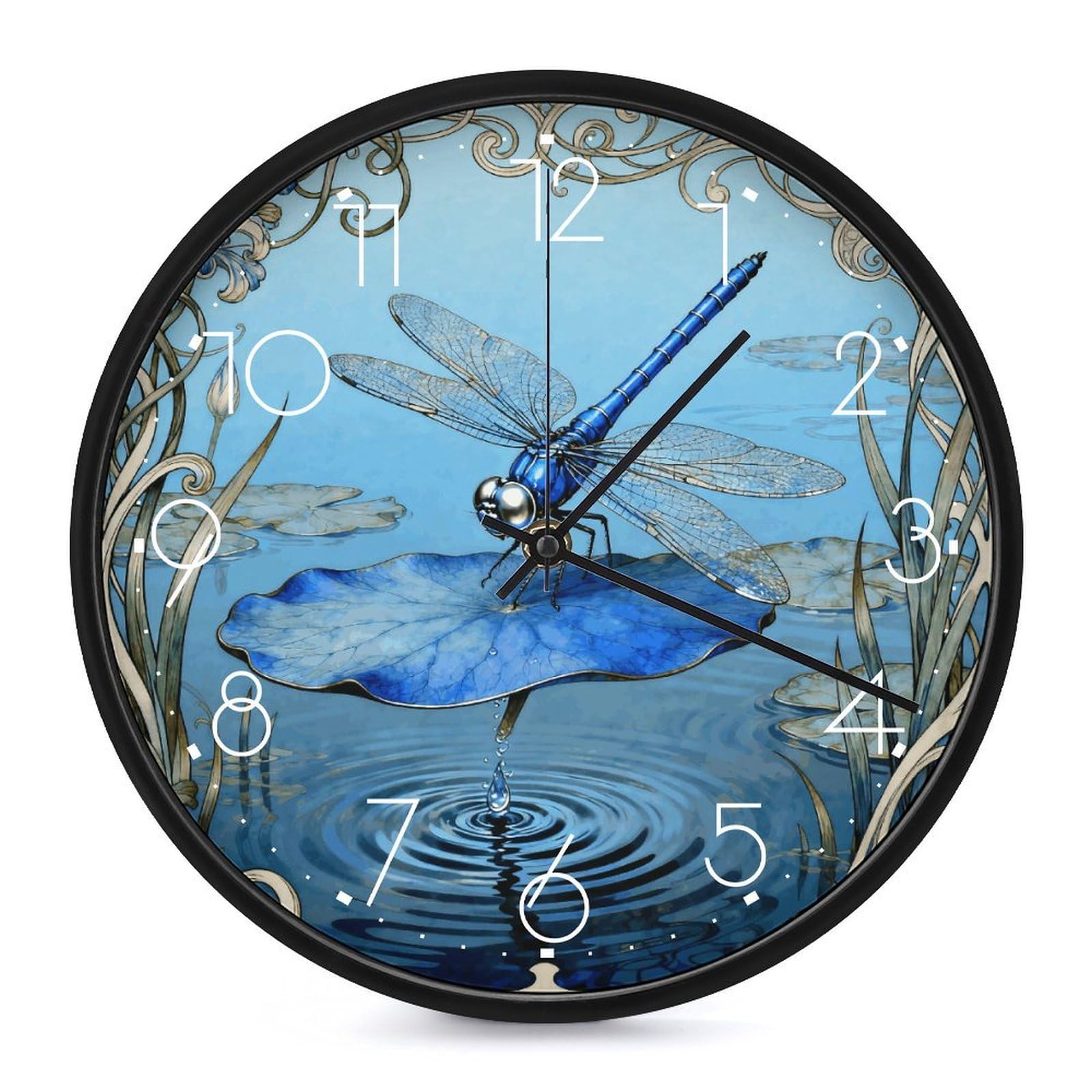 Horloge murale ronde libellule de 25 cm silencieuse pour salon et cuisine