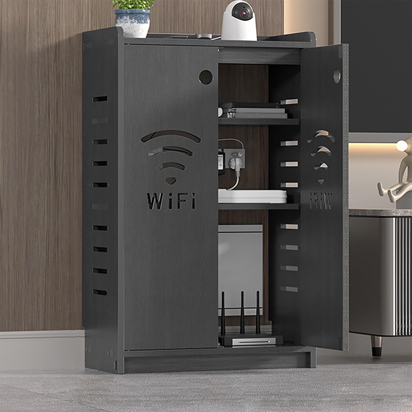 Mueble ocultar router wifi en salón con estantes de PVC modulares