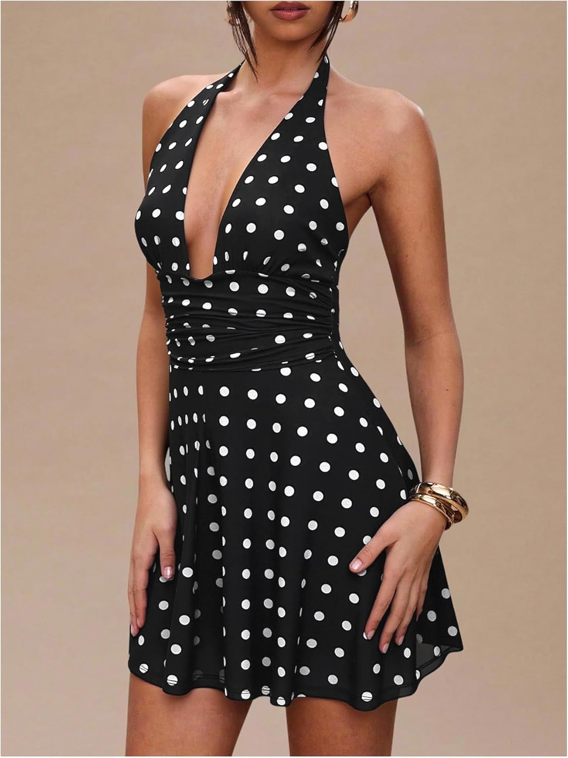 Milumia Women's Polka Dots Ruched Backless Halter Mini Dress Sexy Deep V Neck A Line Short Dresses - Image 4