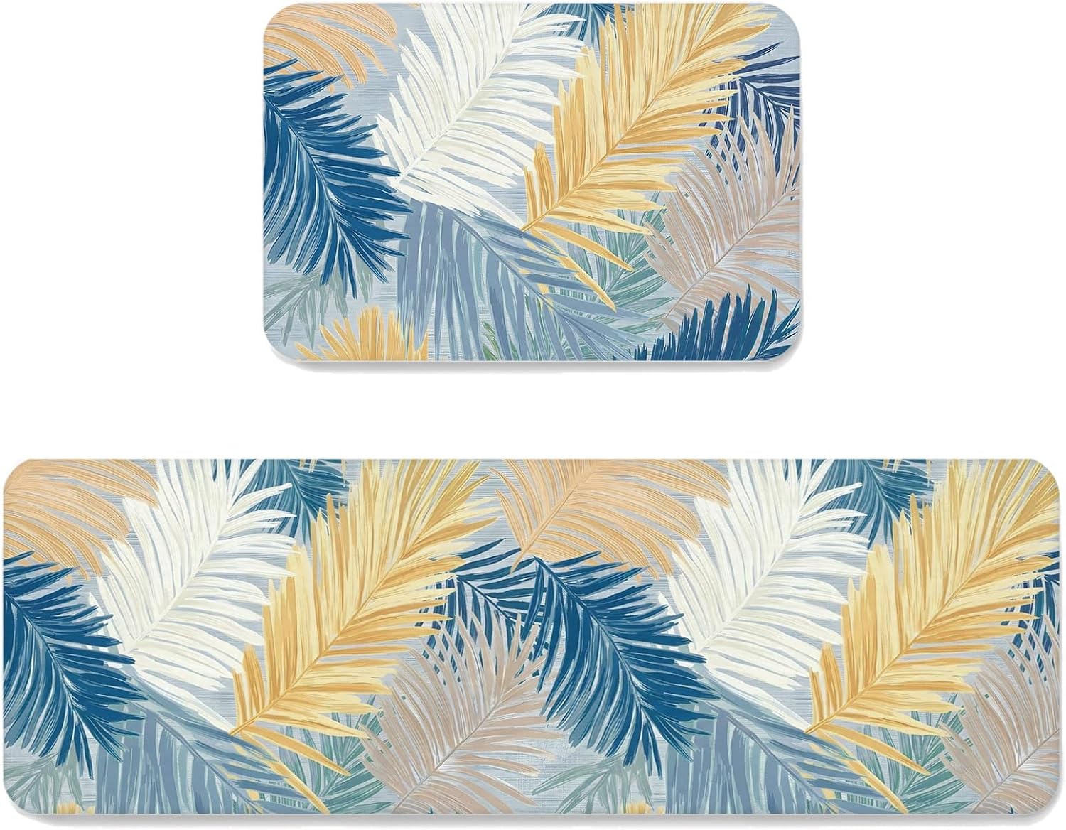 Yellow Blue Palm Leaves Kitchen Mats Set of 2 Summer Tropical Botanical Coastal Non Slip Mat Washable Floor Rug for Kitchen Sink Floor Laundry, 19.7"x31.5"+19.7"x47.2"