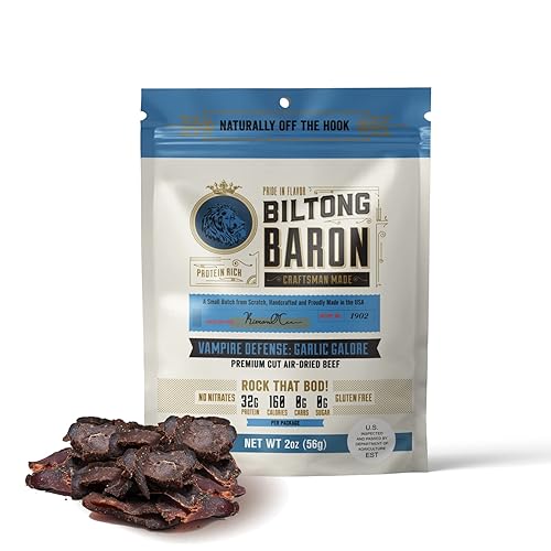 Biltong Baron Carne seca seca al aire  Paquetes de bocadillos saludables para dietas Keto, Paleo y Whole30  Defensa del vampiro receta de ajo en