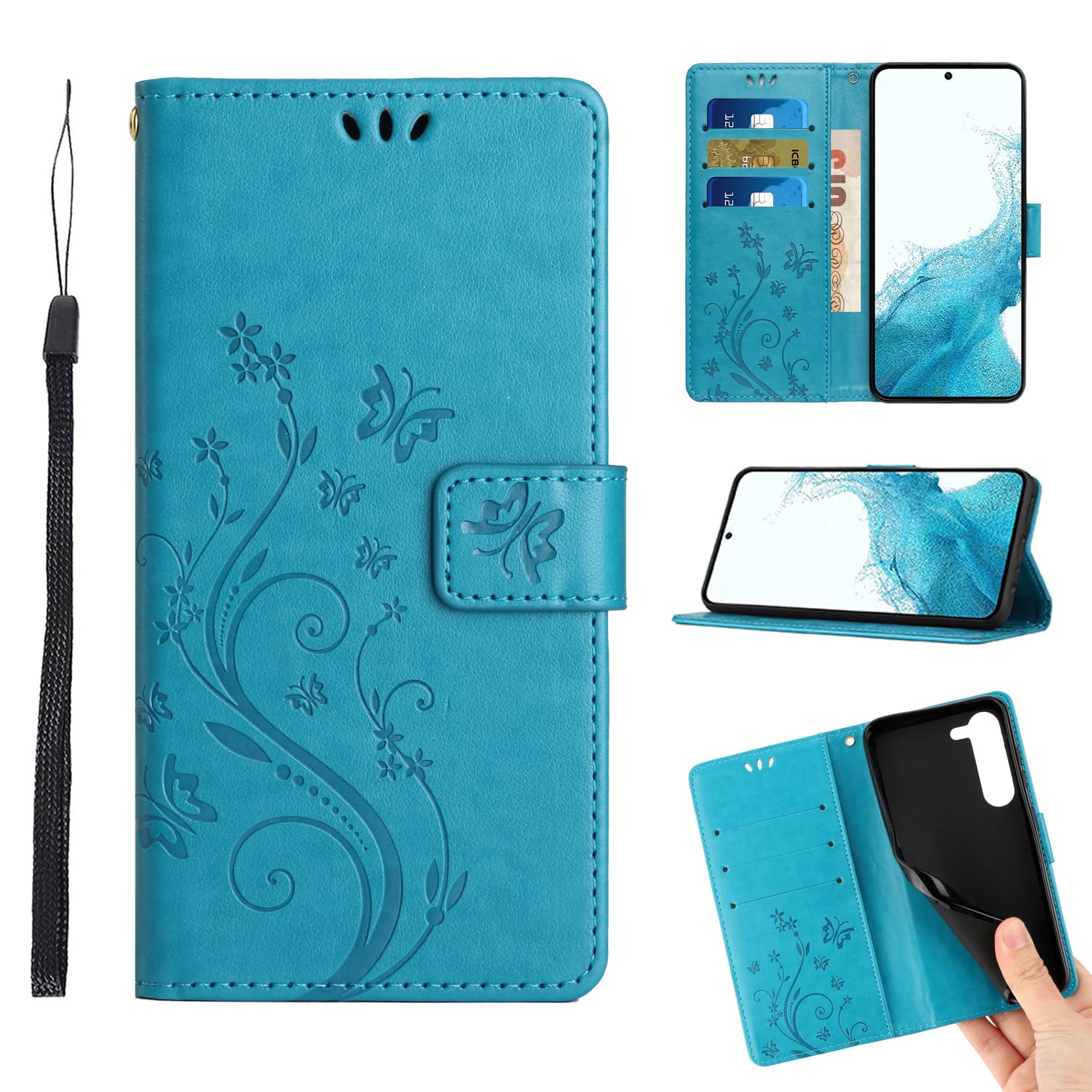 Flip Cover Compatible with Samsung Galaxy S23 Plus Wallet Case with Card Holder Stand PU Leather Butterfly Embossed Floral Holster Slim Silicone Bumper Shockproof Magnetic Clasp Lanyard-Teal Blue